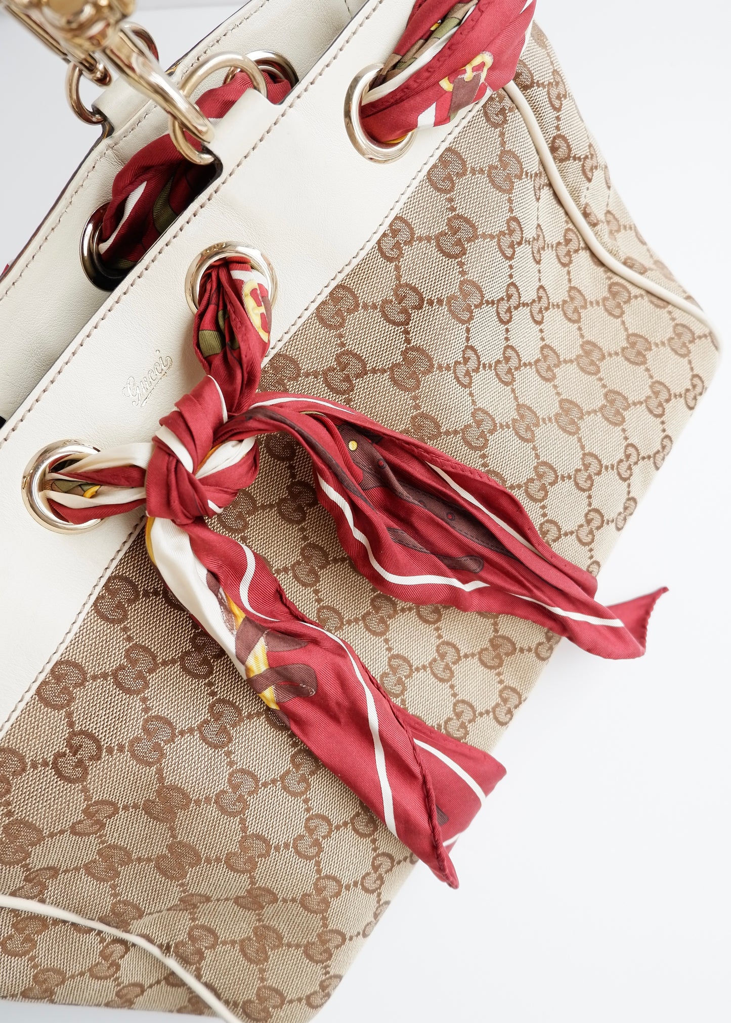 Authentic Preowned Gucci White GG Canvas/ Scarf Detail Handbag