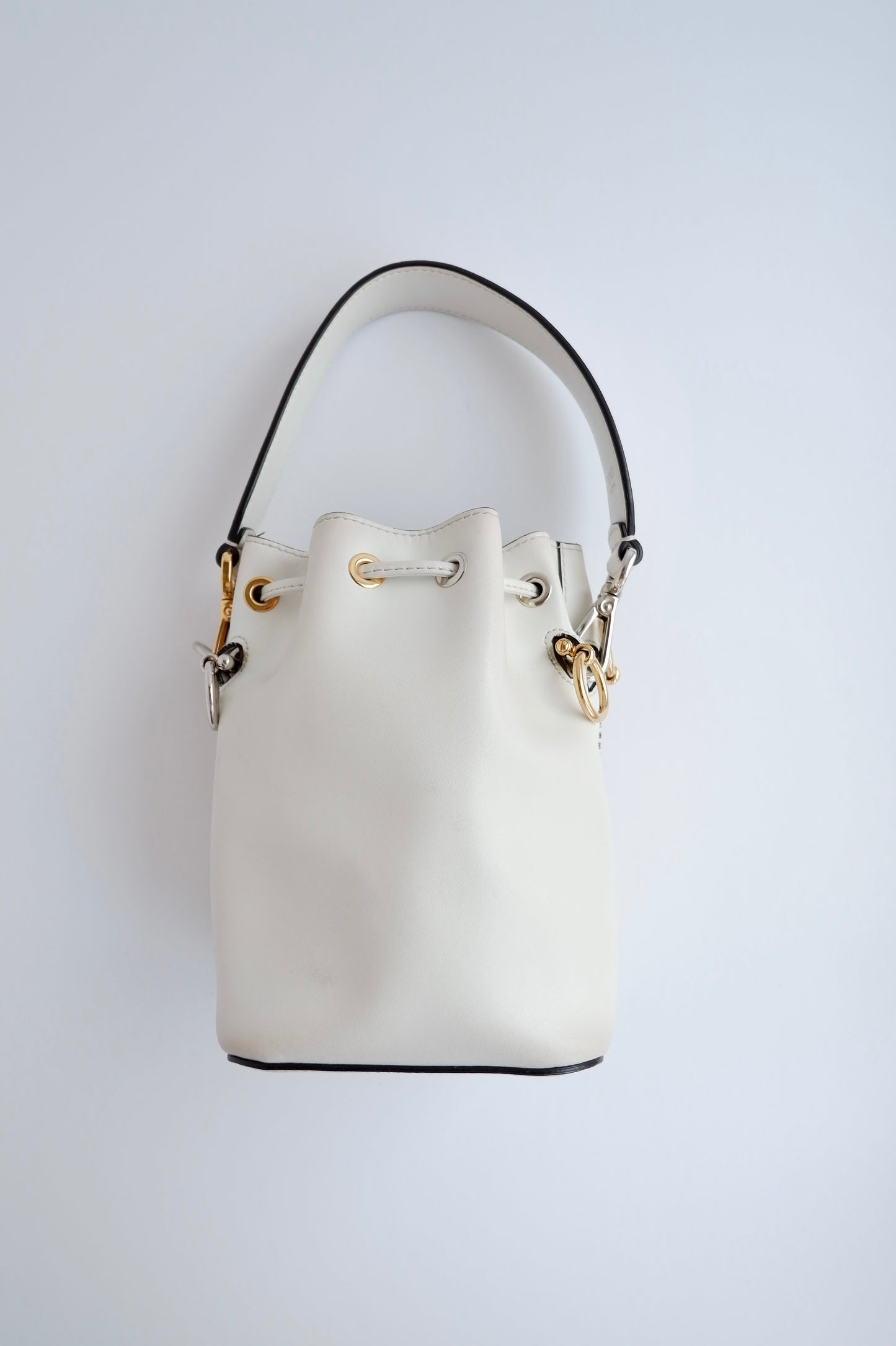 Authentic Preowned Fendi White Leather Zucca Studded Drawstring Bucket Bag