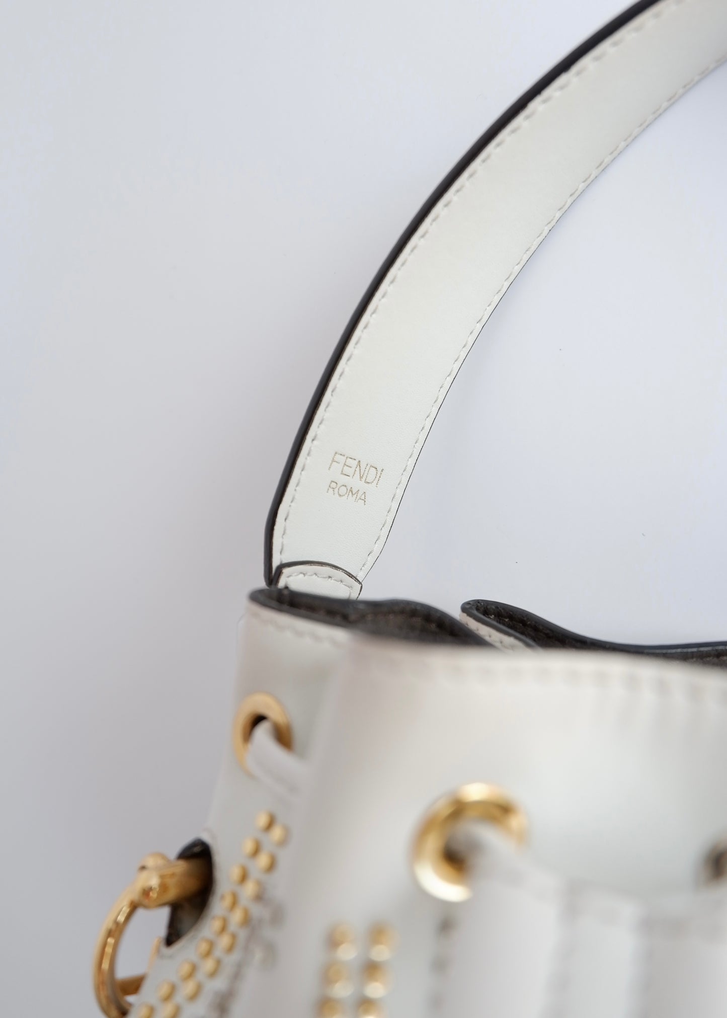 Authentic Preowned Fendi White Leather Zucca Studded Drawstring Bucket Bag