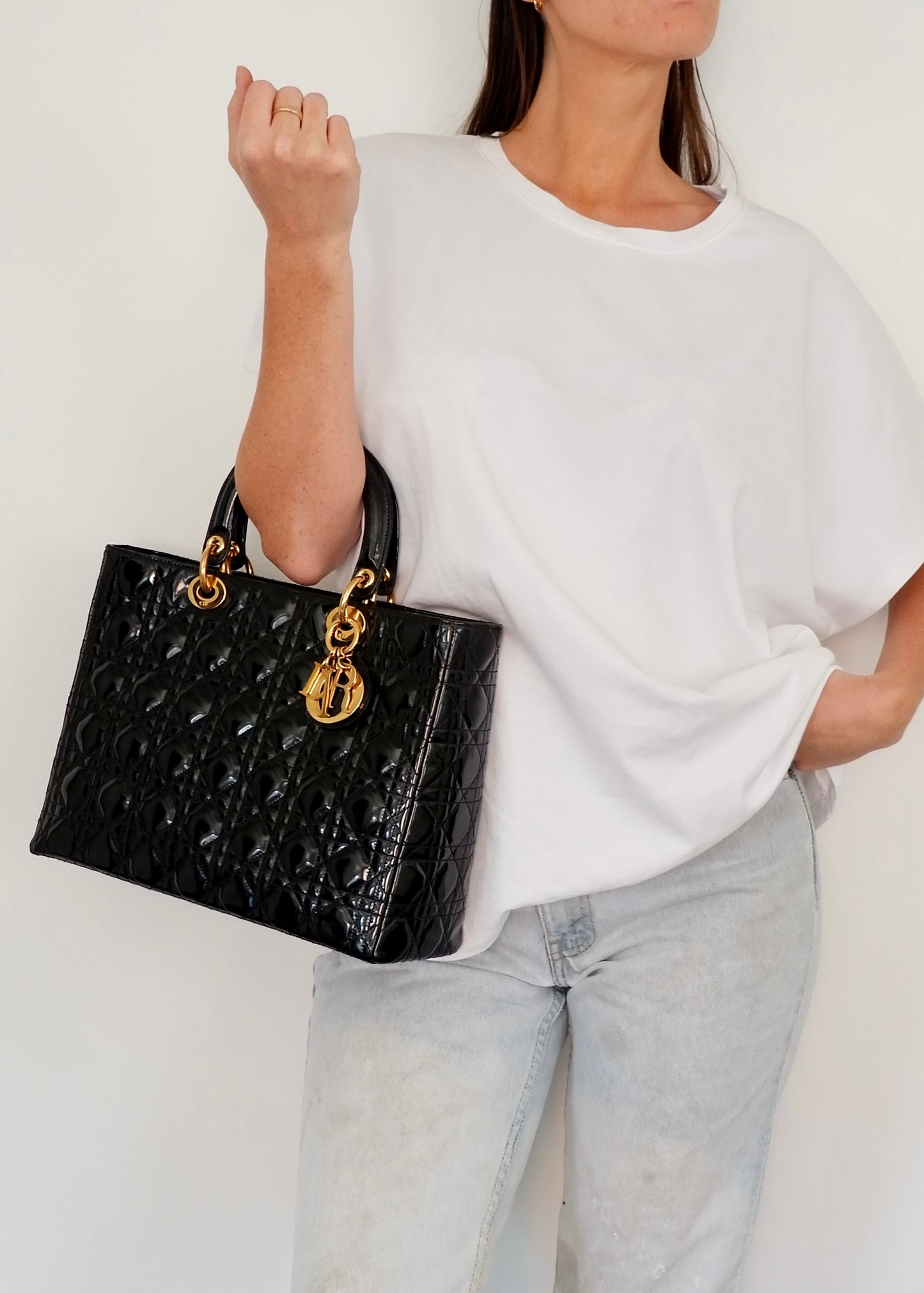 Authentic Preowned Dior Black Patent Leather Lady Dior Bag