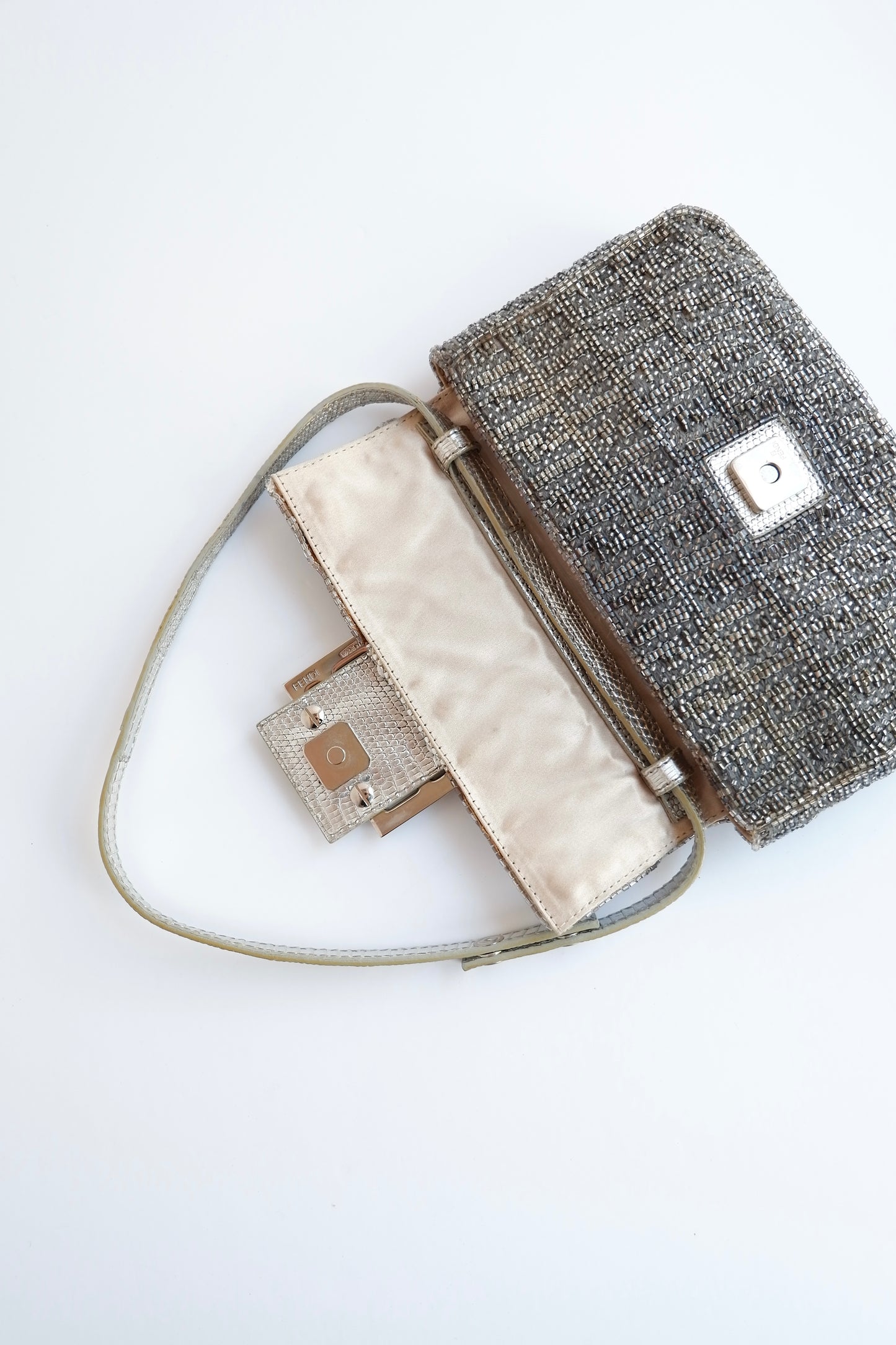 Authentic Preowned Vintage Fendi Silver FF Zucchino Beaded Small Baguette Shoulder Bag
