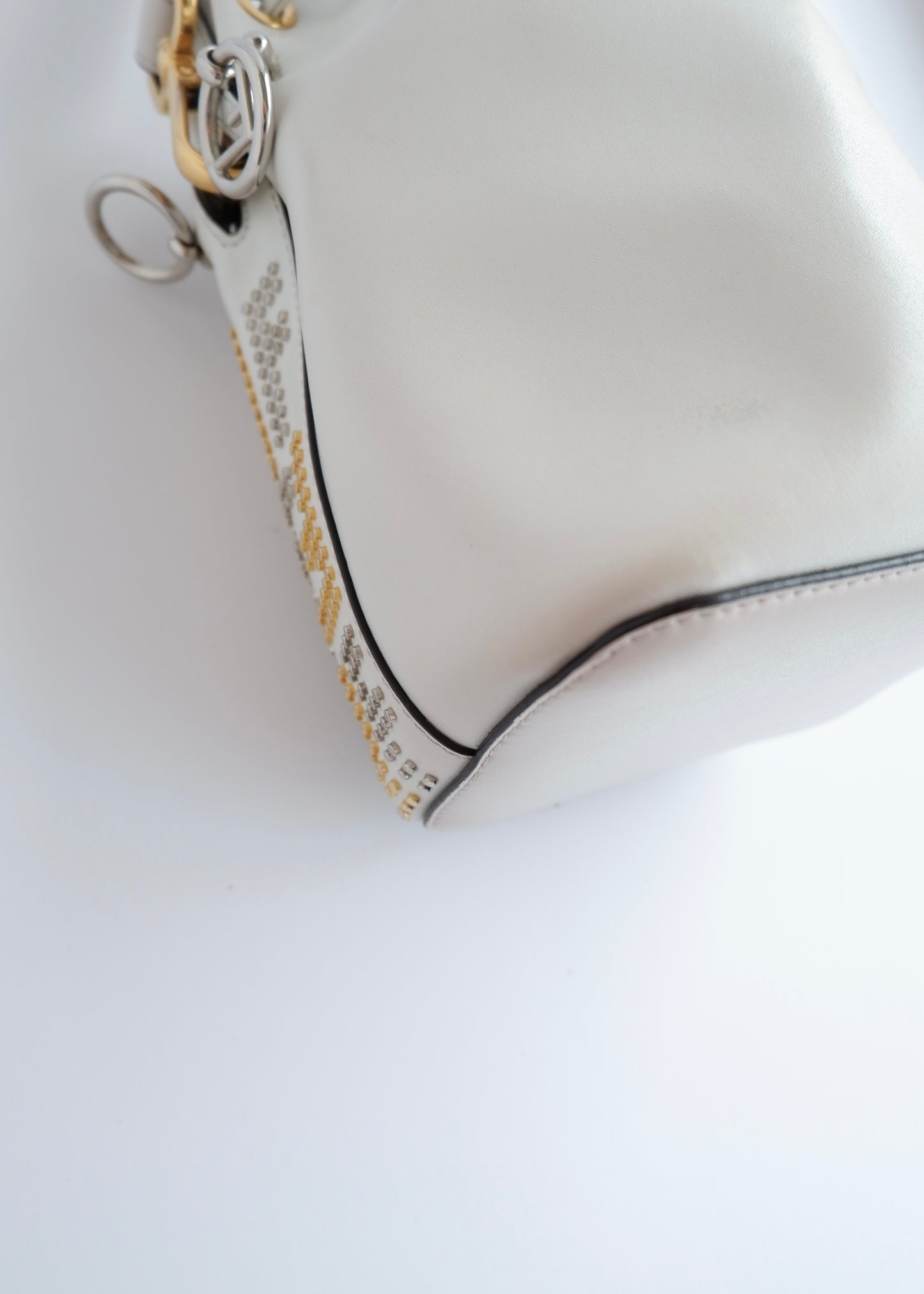Authentic Preowned Fendi White Leather Zucca Studded Drawstring Bucket Bag