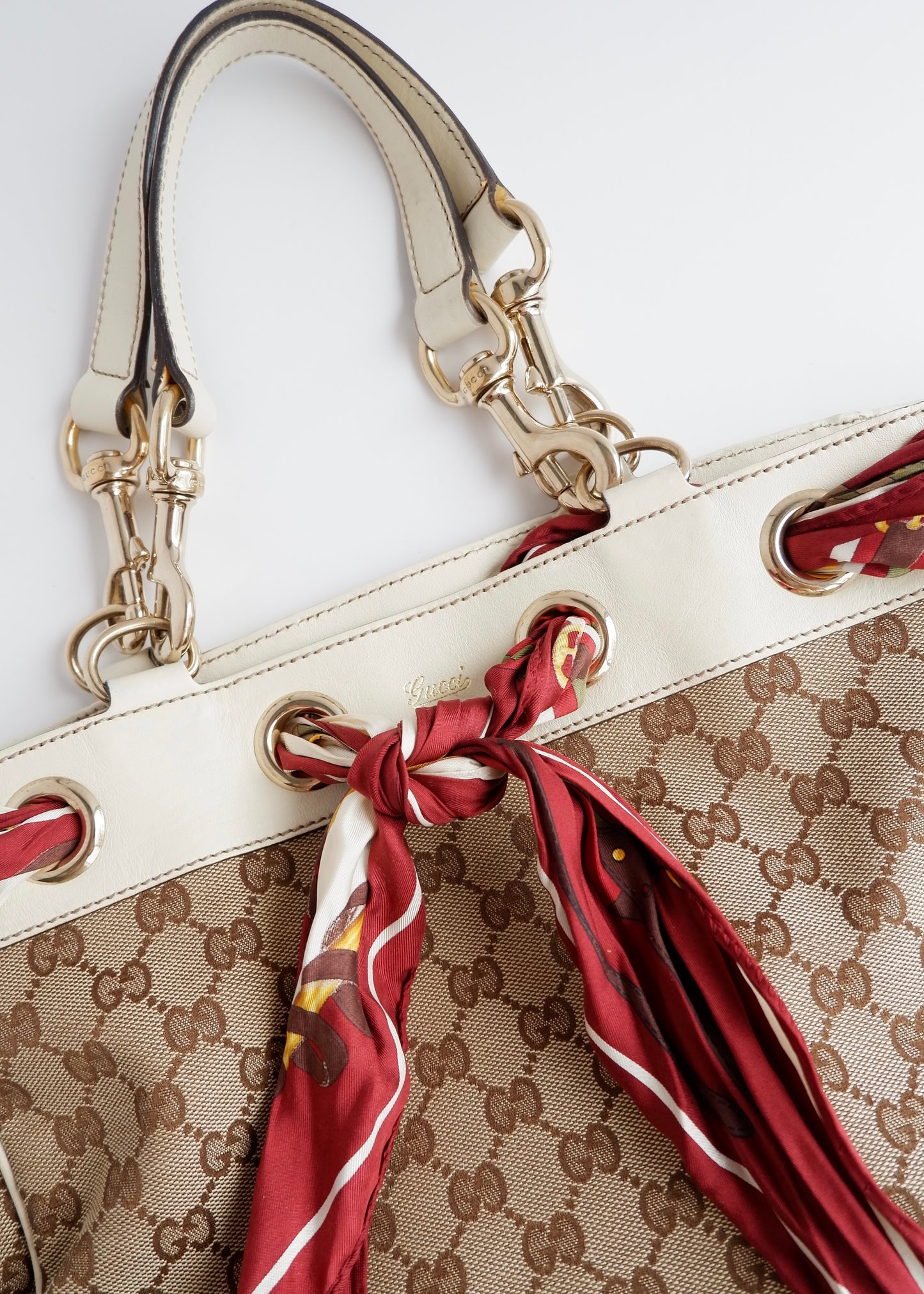 Authentic Preowned Gucci White GG Canvas/ Scarf Detail Handbag