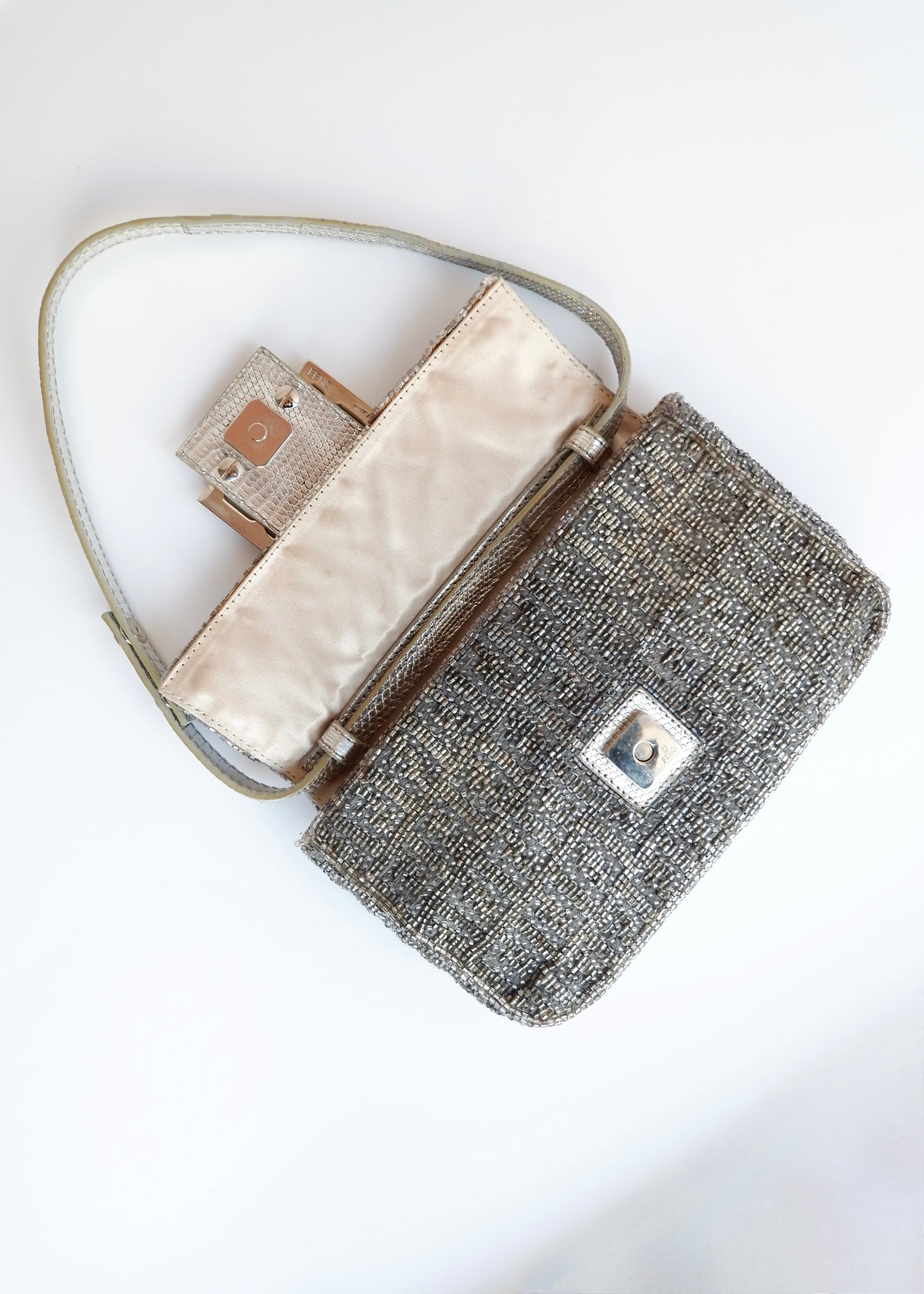 Authentic Preowned Vintage Fendi Silver FF Zucchino Beaded Small Baguette Shoulder Bag