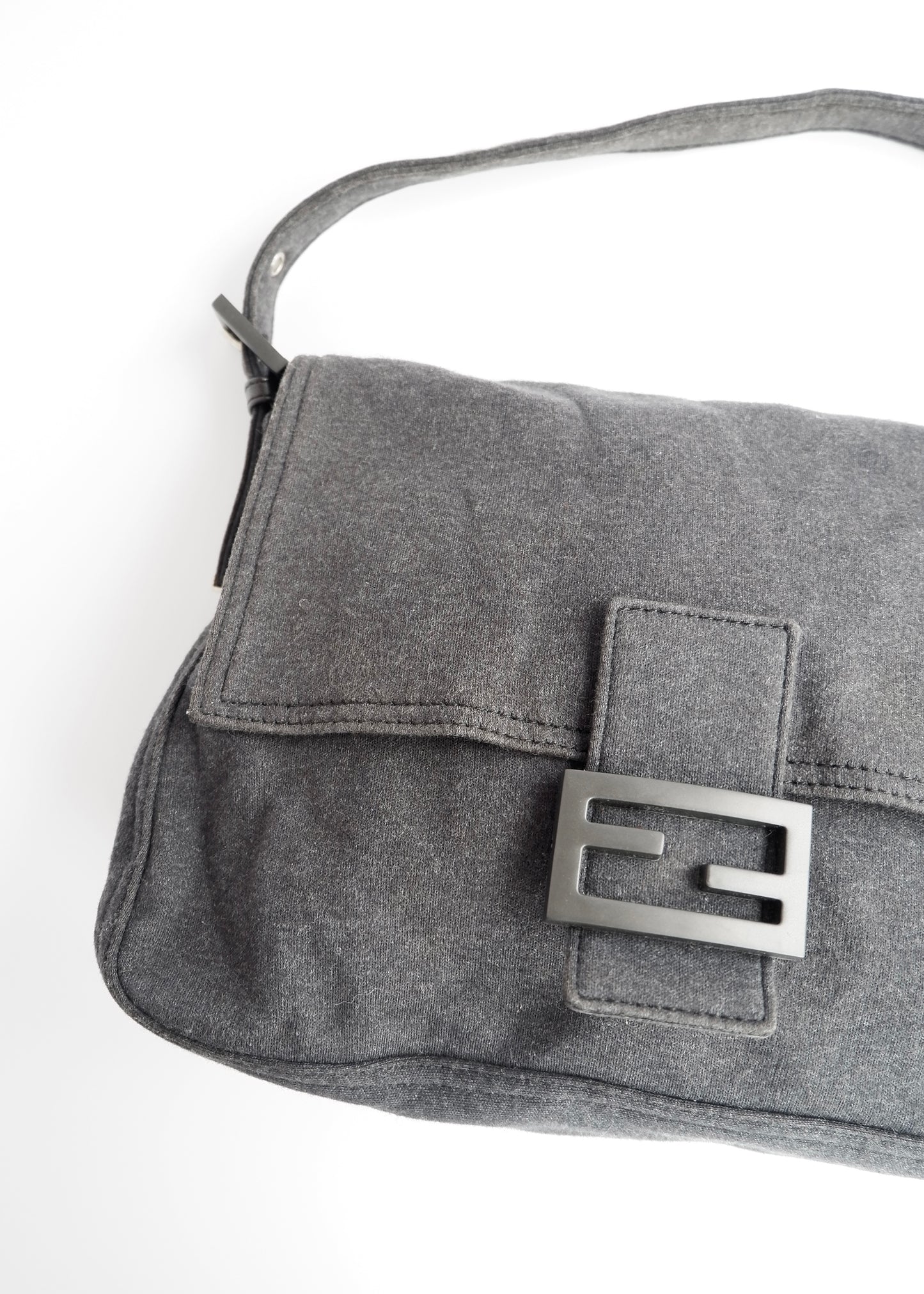Authentic Preowned Fendi Dark Grey Cotton Mamma Baguette Shoulder Bag