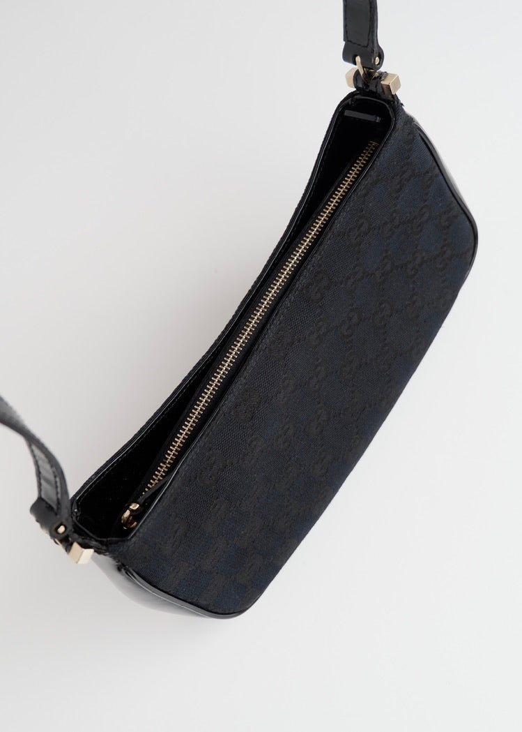 Authentic Preowned Gucci Black GG Canvas Patent Leather Shoulder Bag