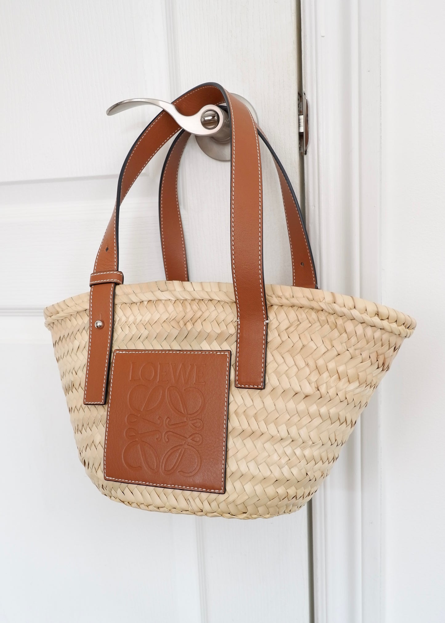 Authentic Preowned Loewe Brown Small Basket Bag In Palm Leaf and Calfskin