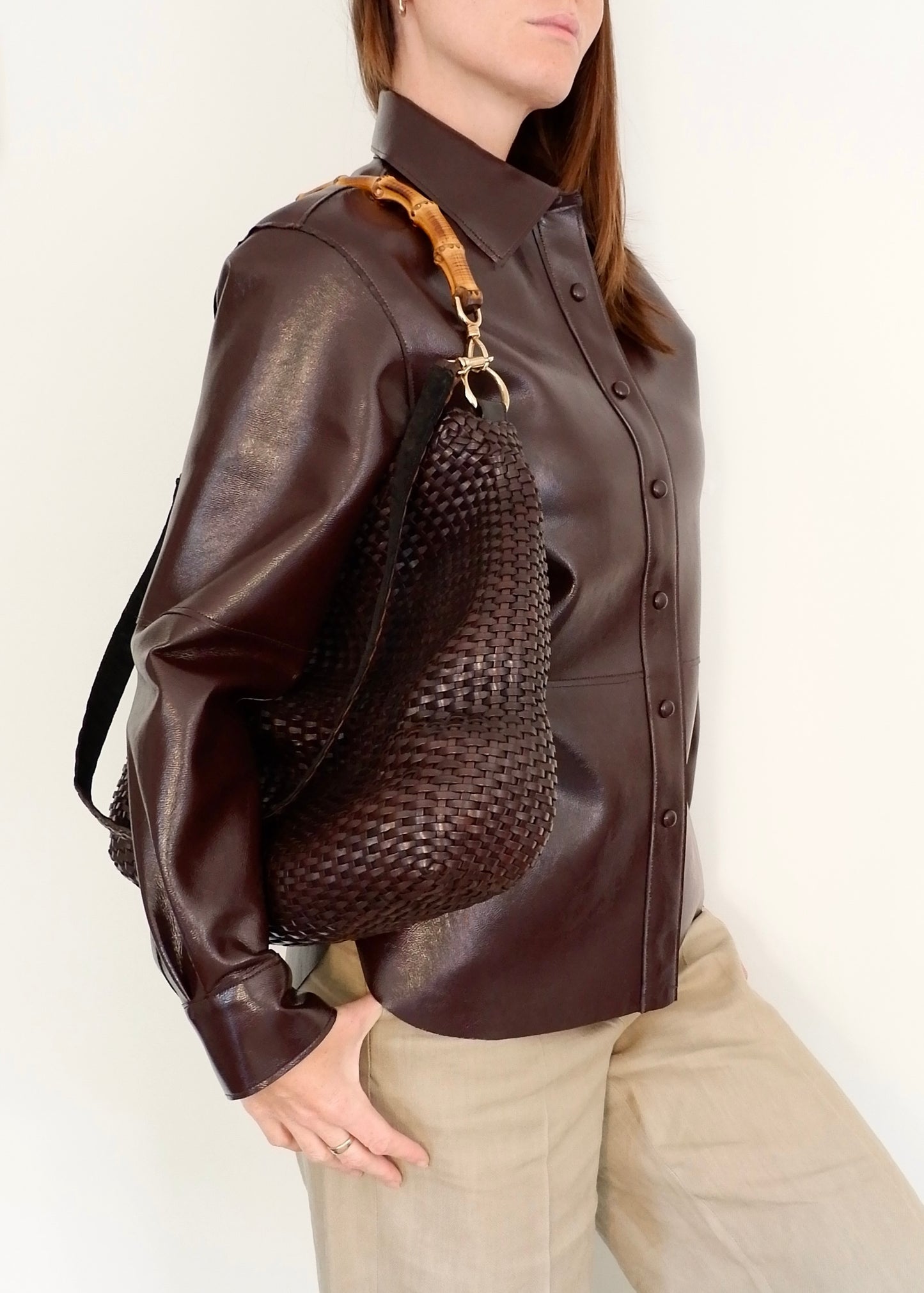 Authentic Preowned Gucci Brown Woven Leather Bamboo Hobo Shoulder Bag