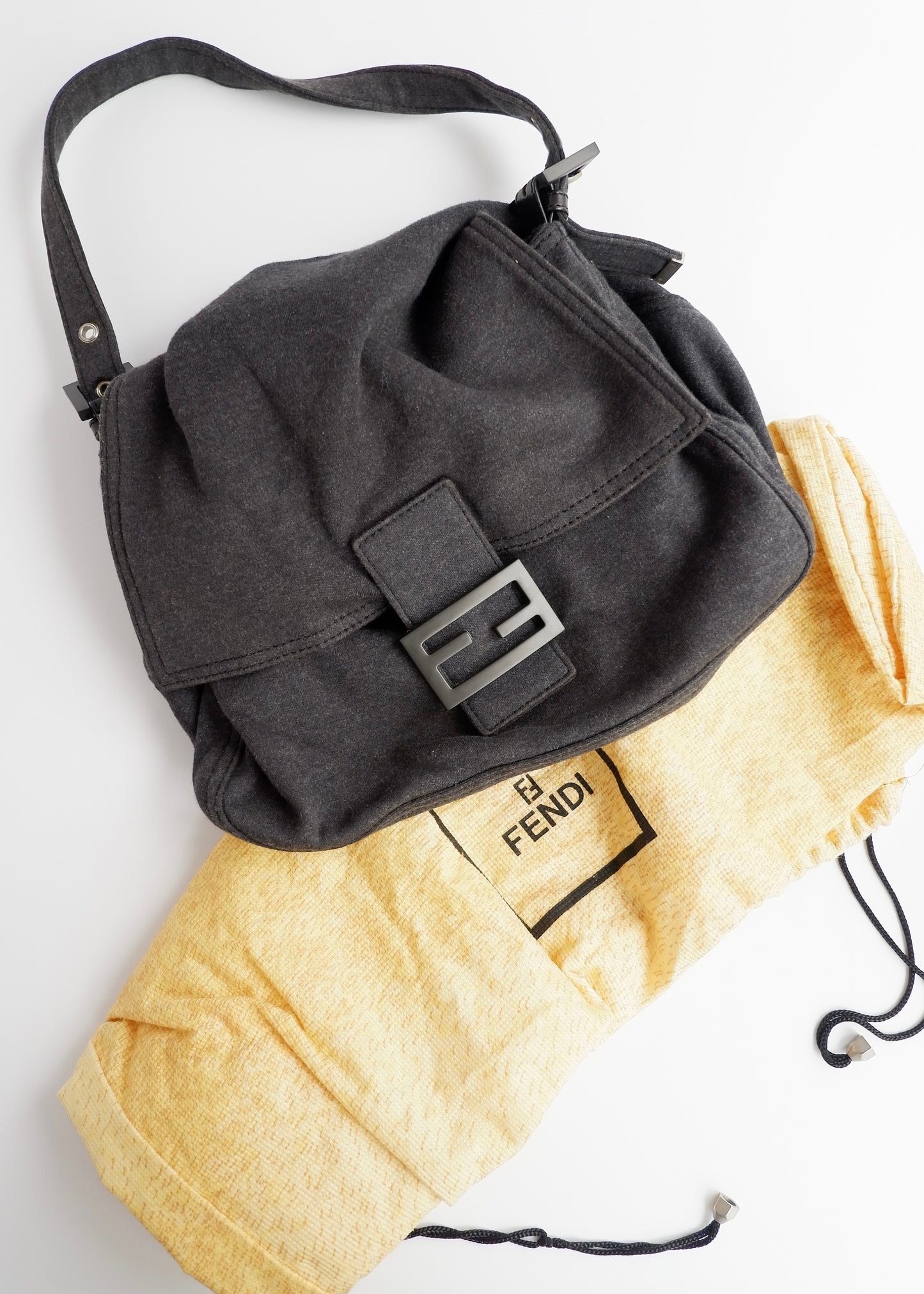 Authentic Preowned Fendi Dark Grey Cotton Mamma Baguette Shoulder Bag