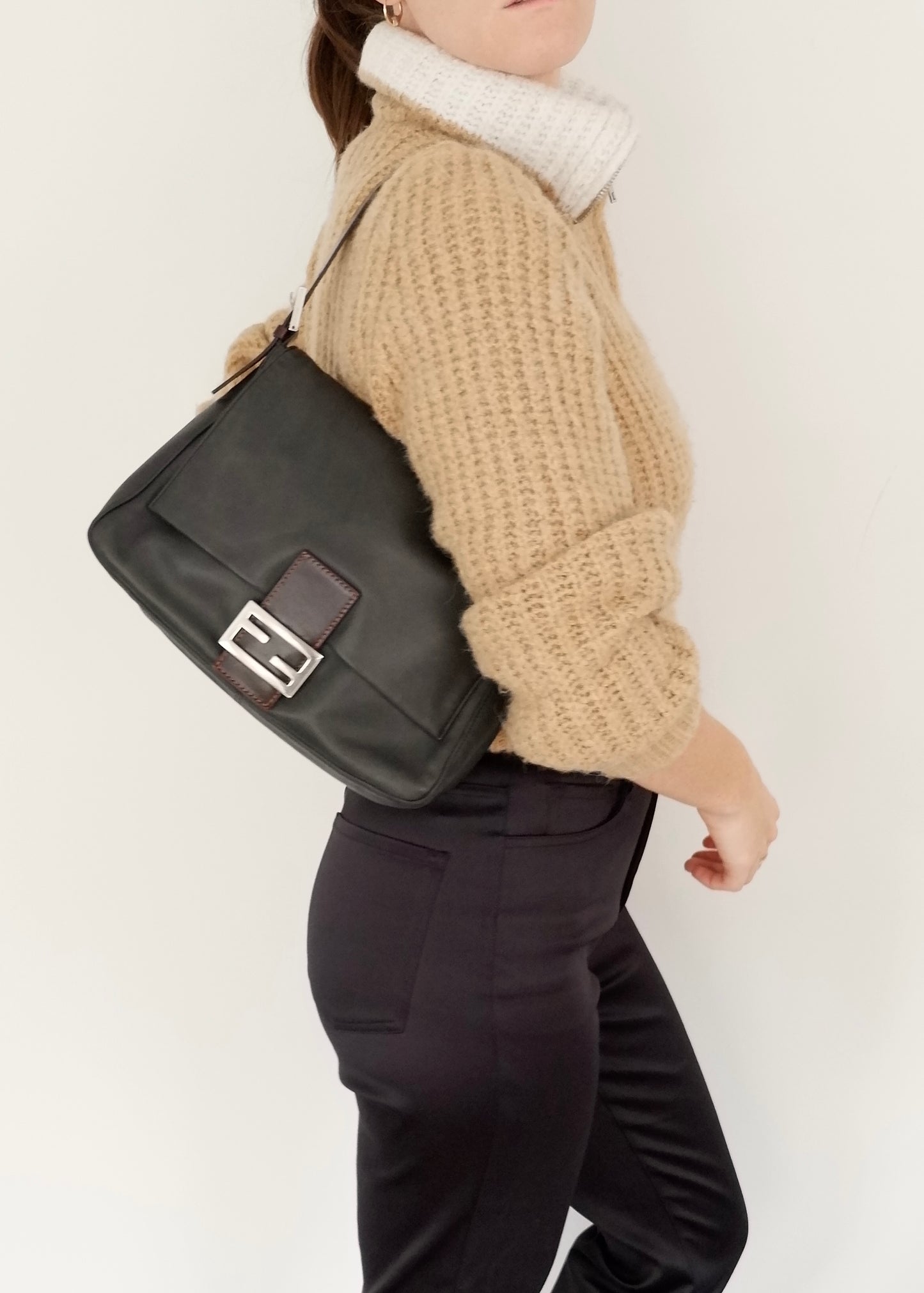 Authentic Preowned Fendi Black/Brown Leather Mamma Baguette Shoulder Bag