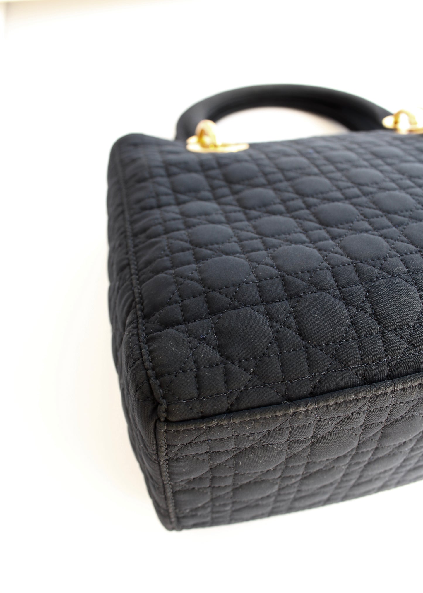 Authentic Preowned Christian Dior Navy Canvas Lady Dior Medium Handbag GHW