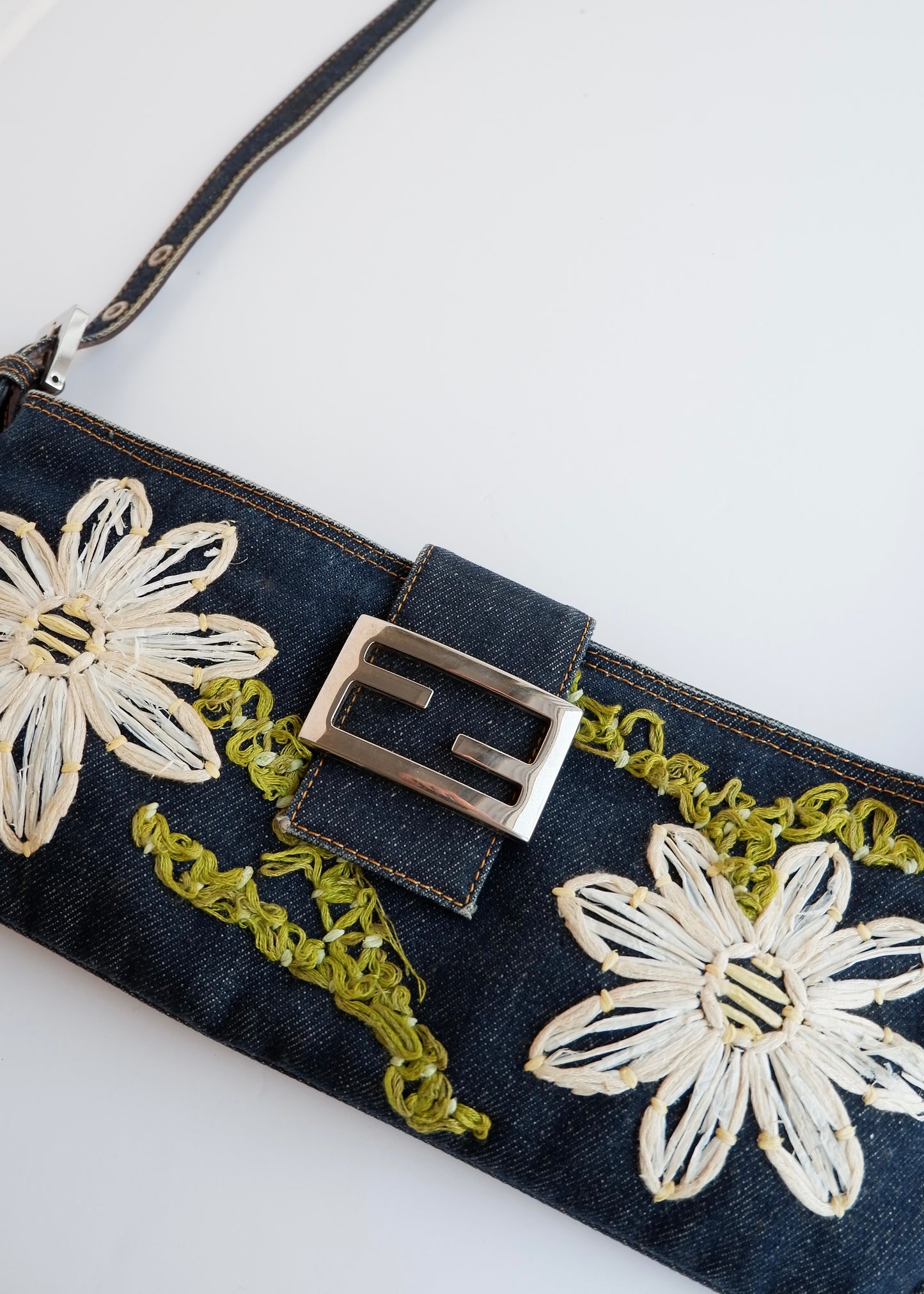 Authentic Preowned Fendi Mamma Denim Flower Emroidered Shoulder Bag