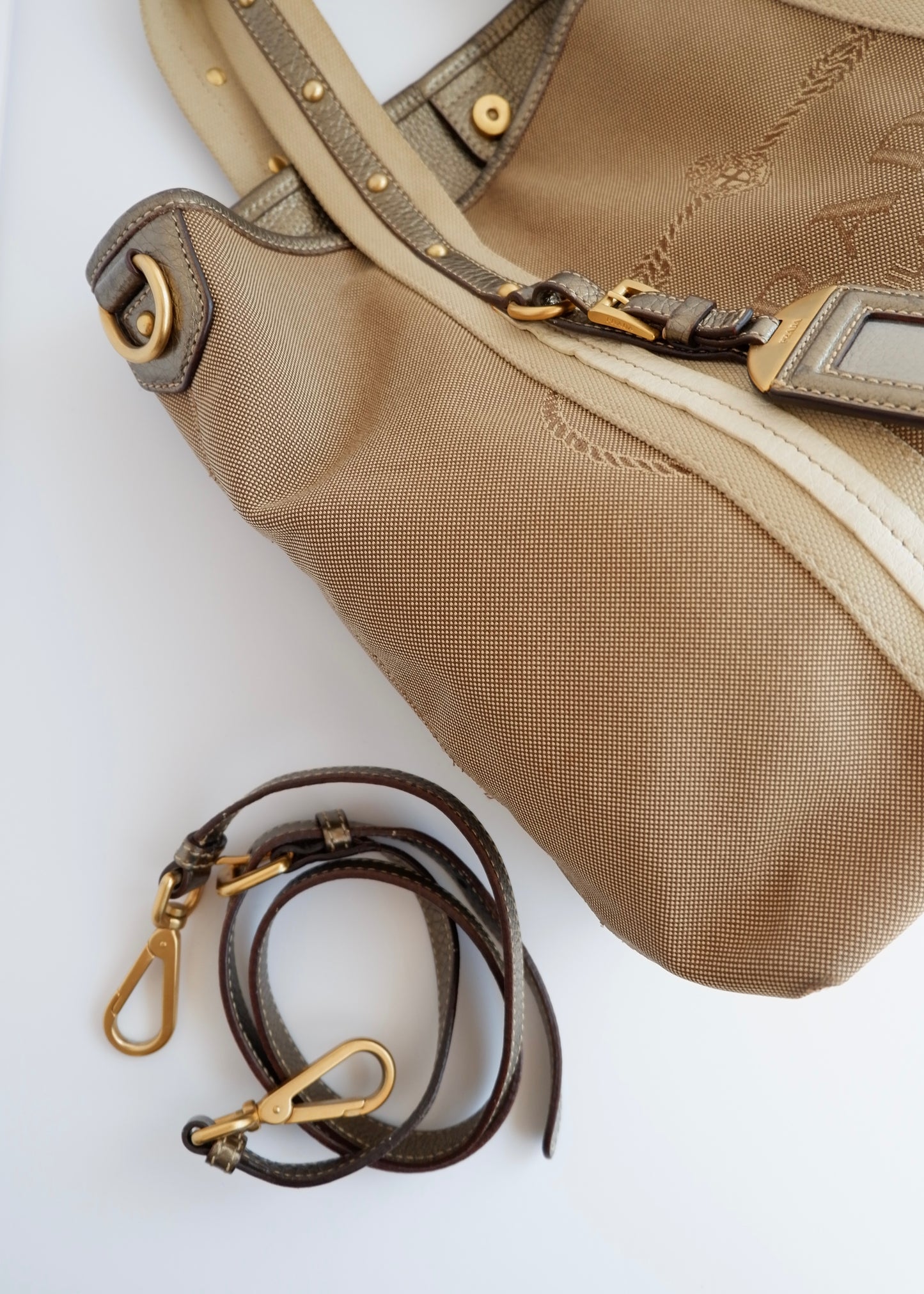 Authentic Preowned Prada Beige/Gold Canvas and Leather Two Way Bag