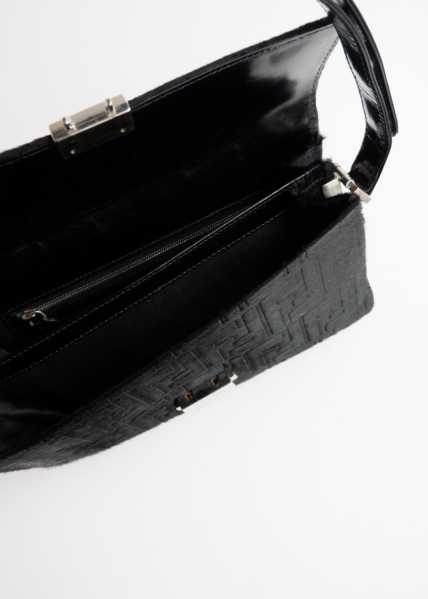 Authentic Preowned Rare Vintage Fendi Black Zucca Pony Hair/ Crystal Logo Shoulder Bag