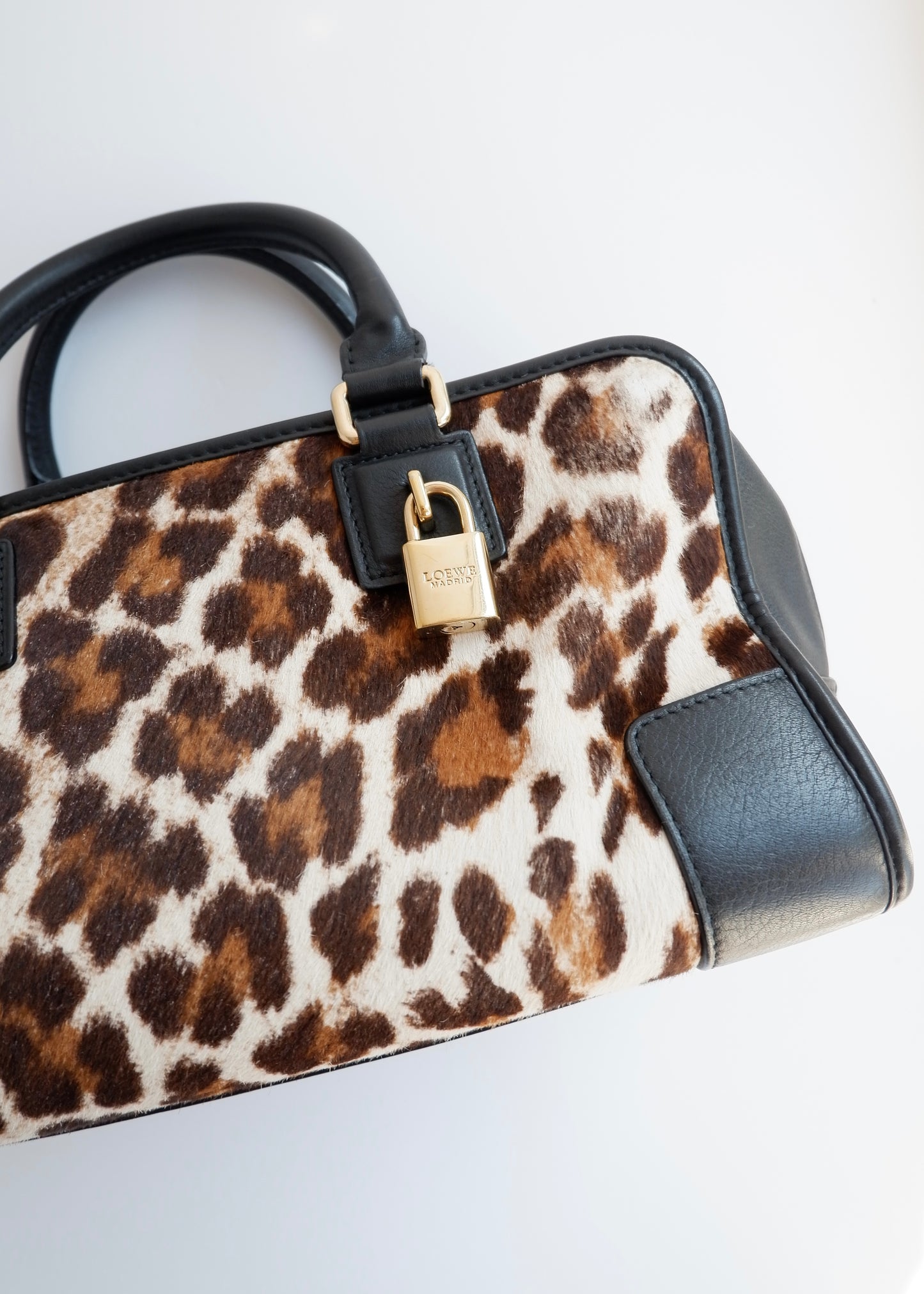 Authentic Preowned Loewe Black/Animal Print Pony Hair Amazona Bag