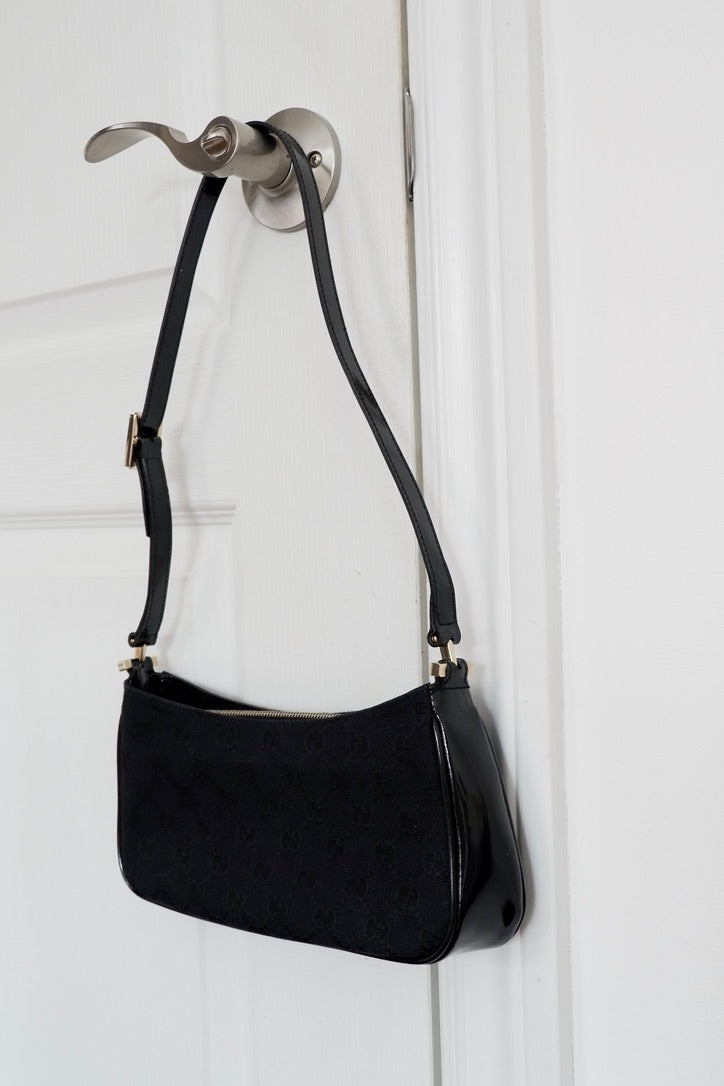 Authentic Preowned Gucci Black GG Canvas Patent Leather Shoulder Bag