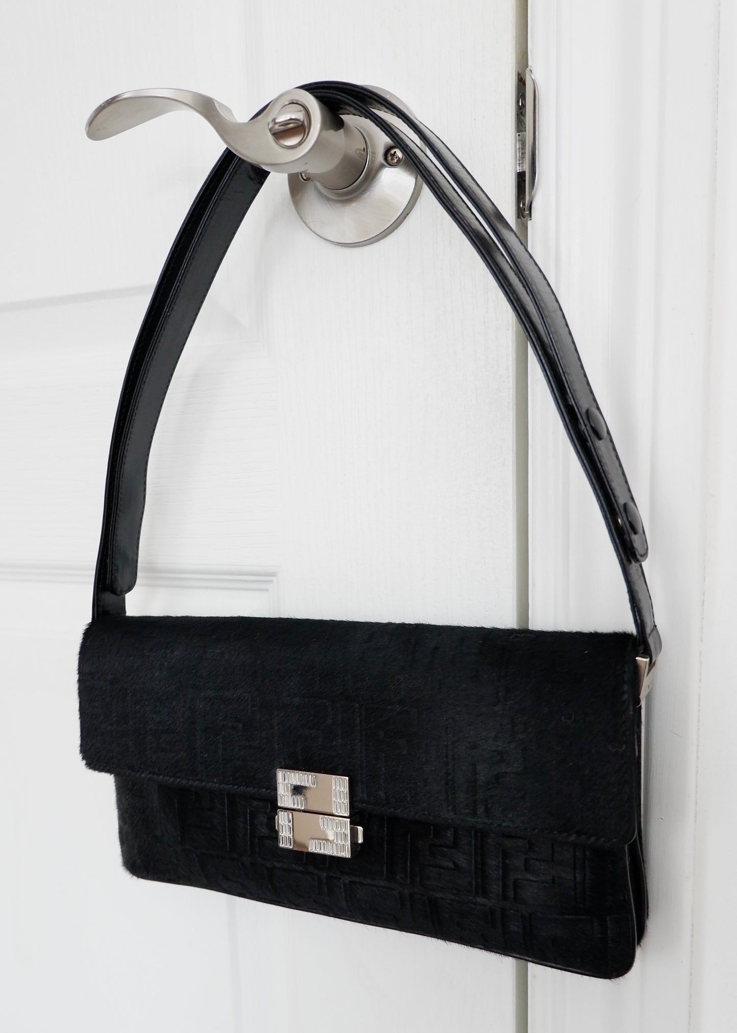 Authentic Preowned Rare Vintage Fendi Black Zucca Pony Hair/ Crystal Logo Shoulder Bag