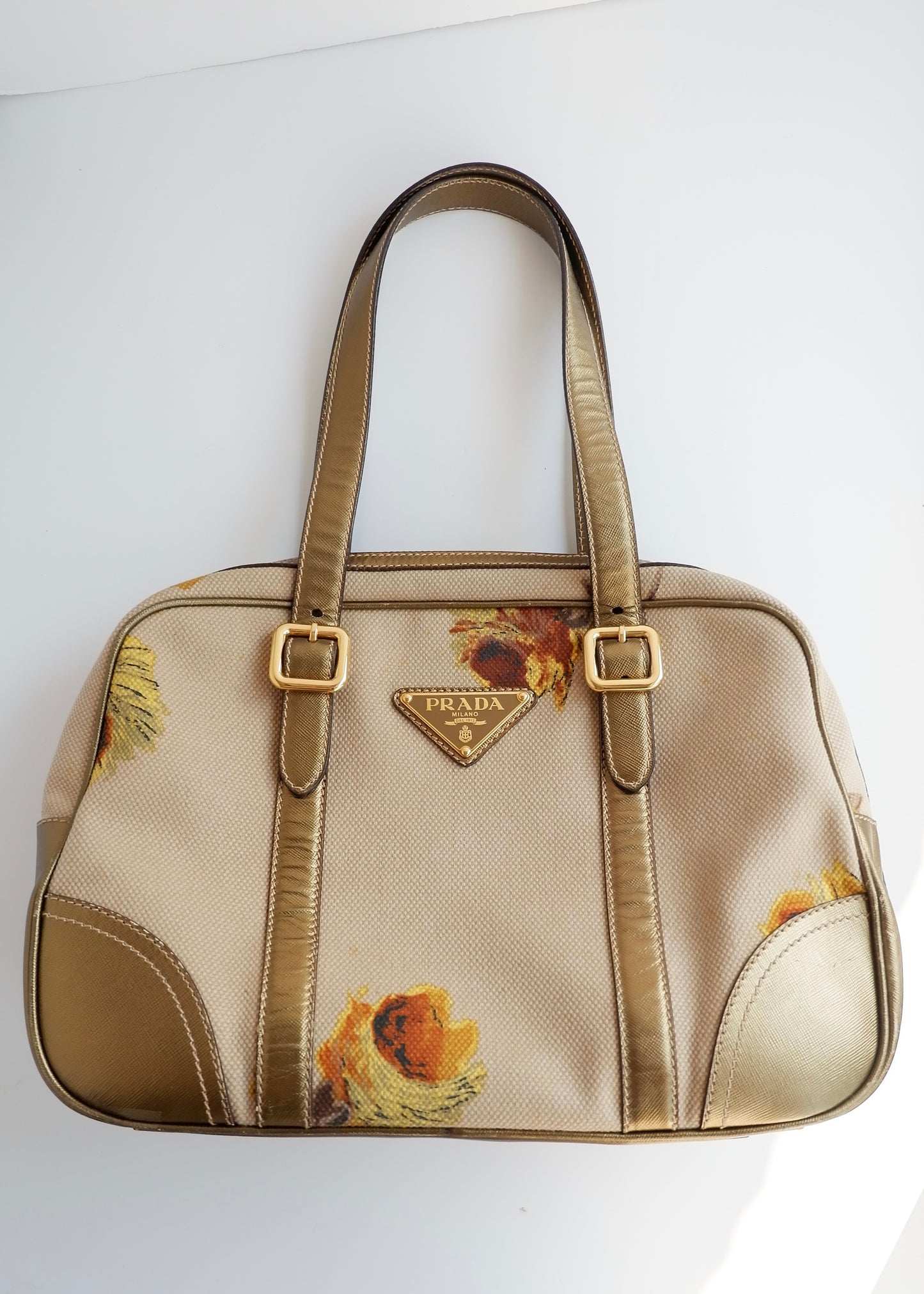 Authentic Preowned Prada Beige/ Gold St. Rose Bauletto Bag