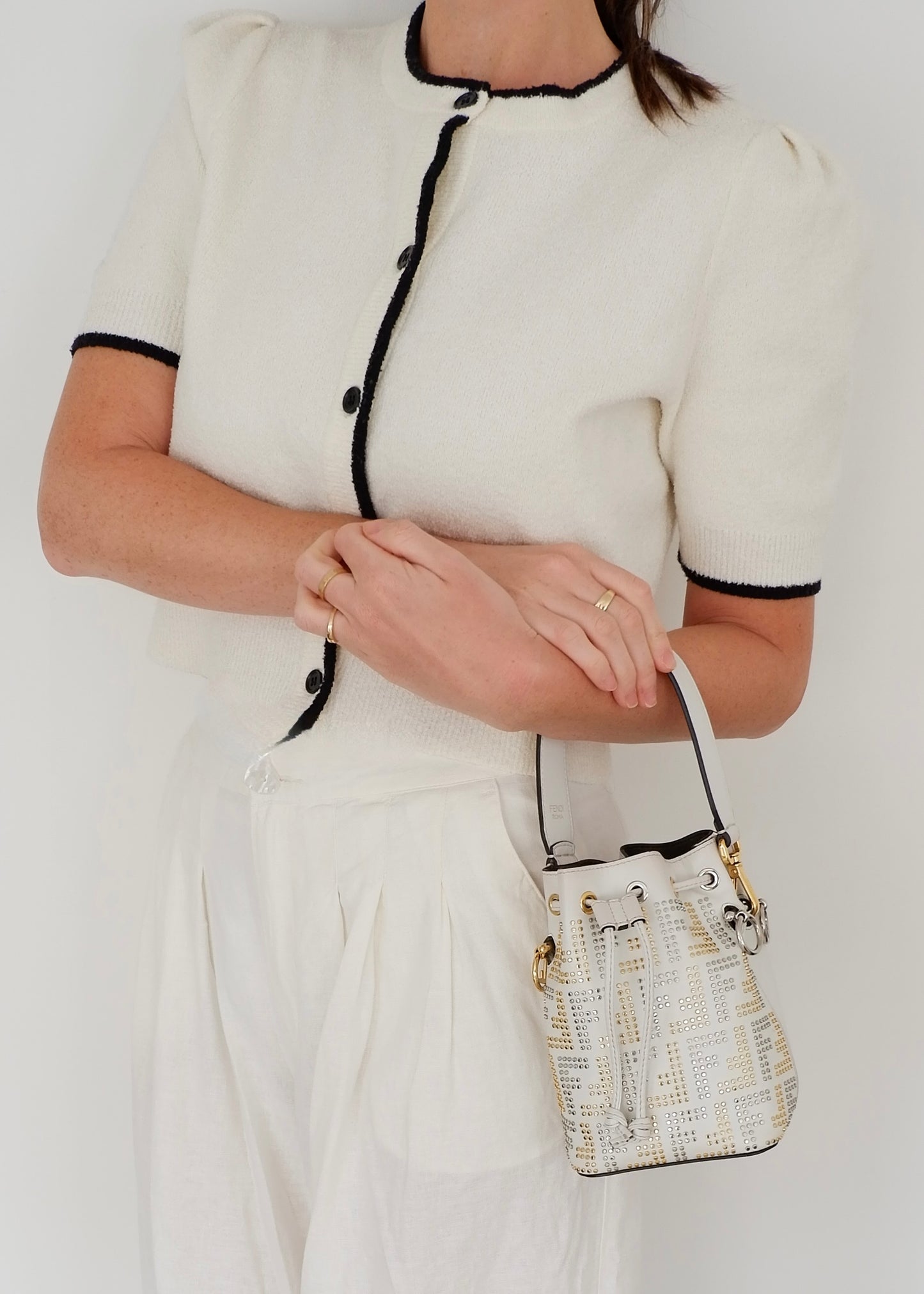 Authentic Preowned Fendi White Leather Zucca Studded Drawstring Bucket Bag