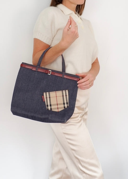 Authentic Preowned Vintage Burberry Novacheck Denim Pocket Tote
