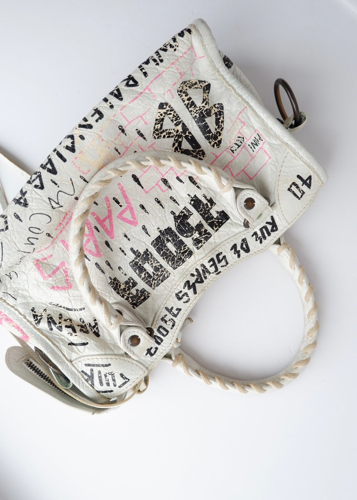 Authentic Preowned Balenciaga White/ Pink Graffiti Leather Small City Bag
