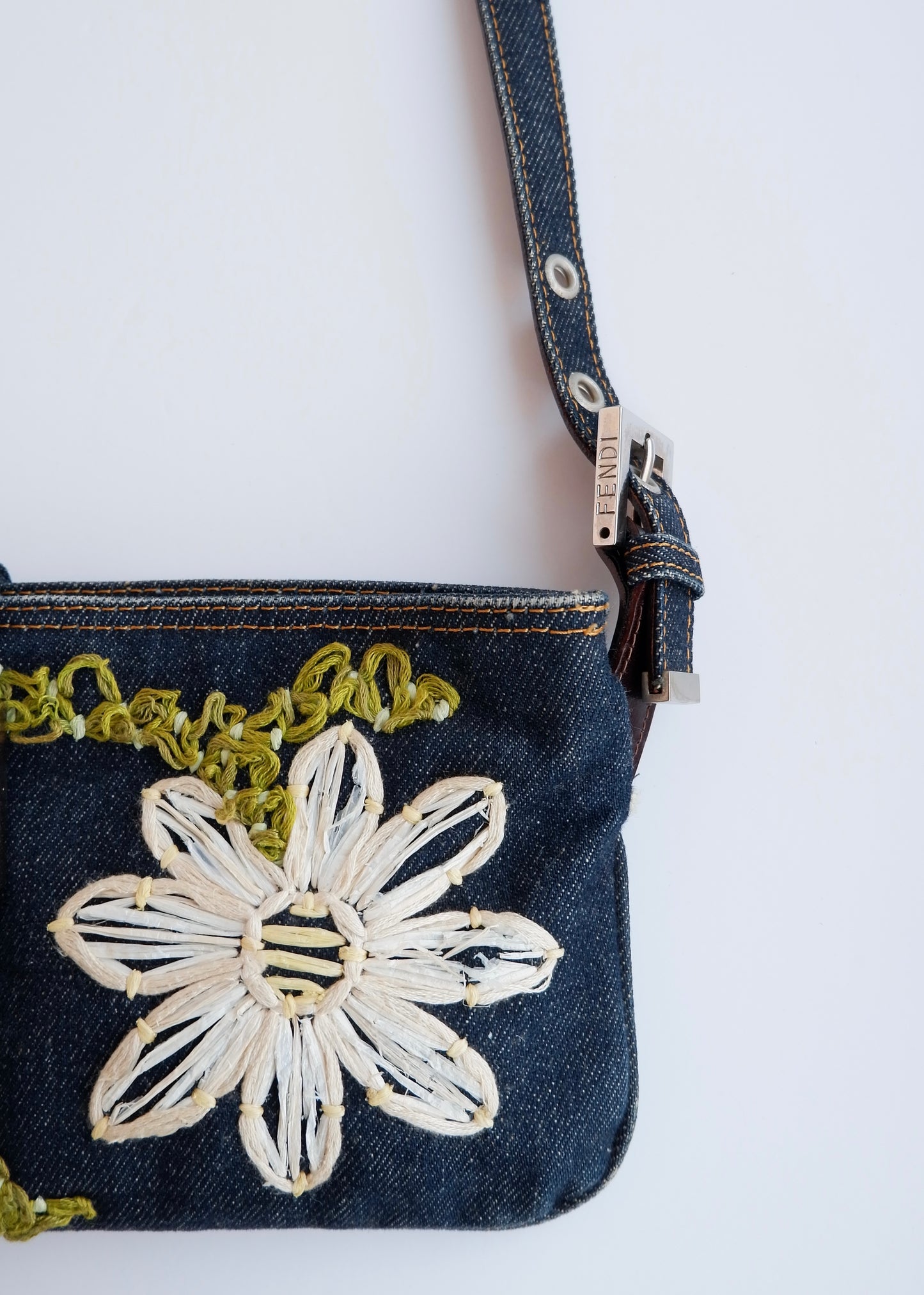 Authentic Preowned Fendi Mamma Denim Flower Emroidered Shoulder Bag