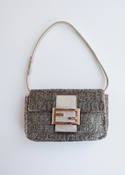 Authentic Preowned Vintage Fendi Silver FF Zucchino Beaded Small Baguette Shoulder Bag