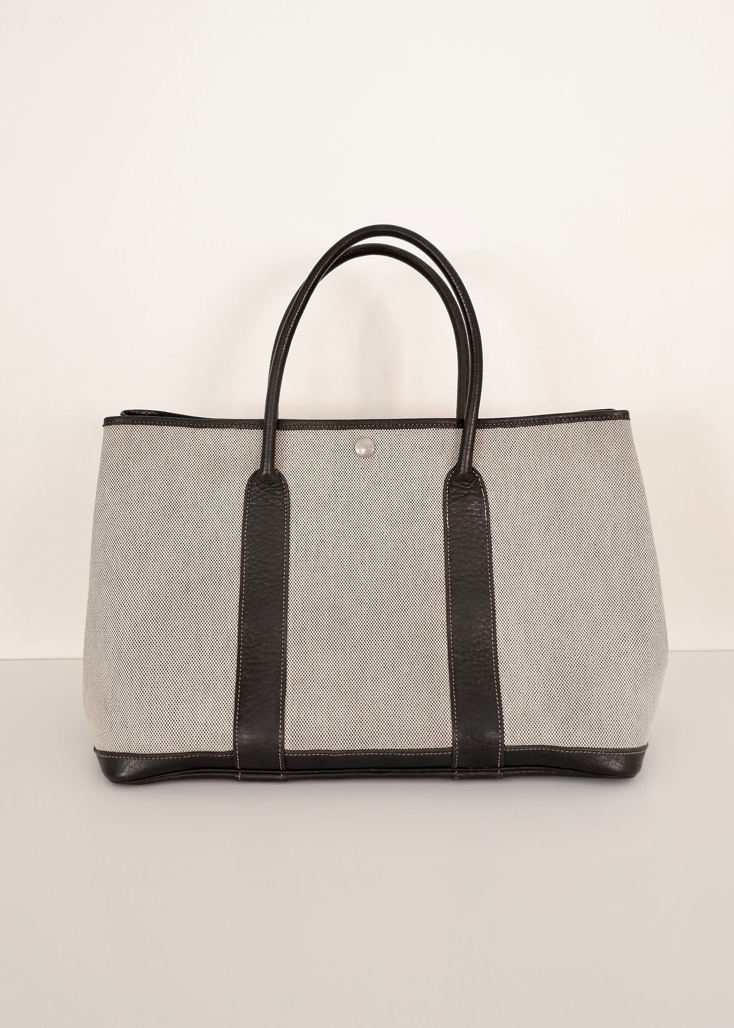 Authentic Preowned Hermes Black/Gray Leather/Canvas Garden Party Tote