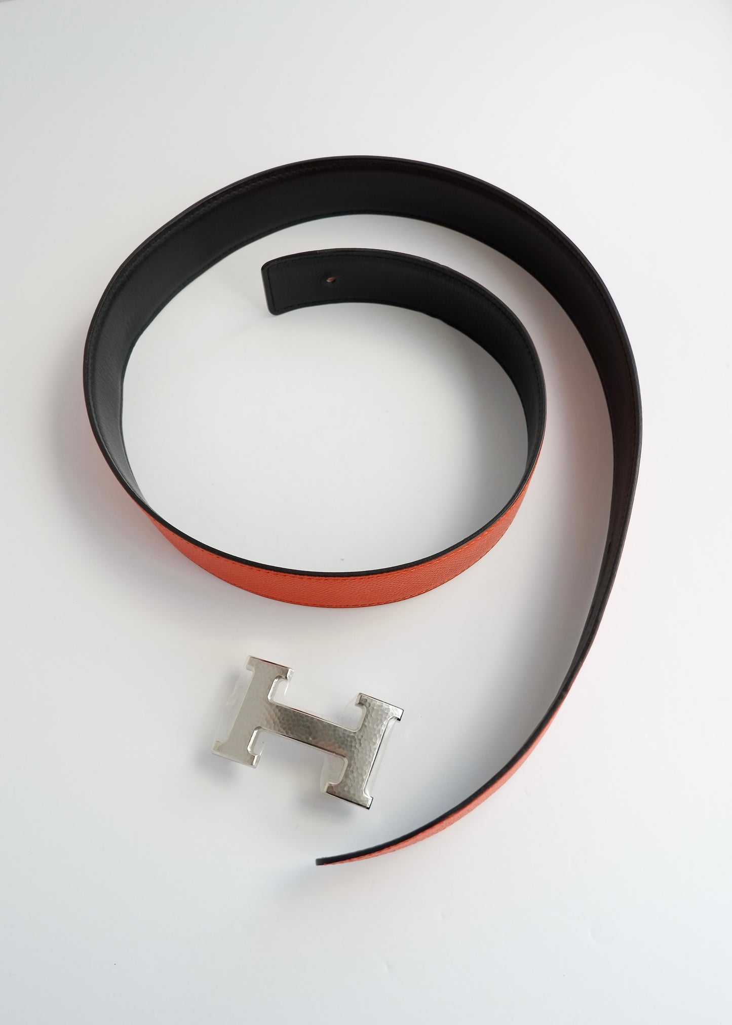 Authentic Preowned Hermes Black/ Orange Leather Martelee H Belt - 85