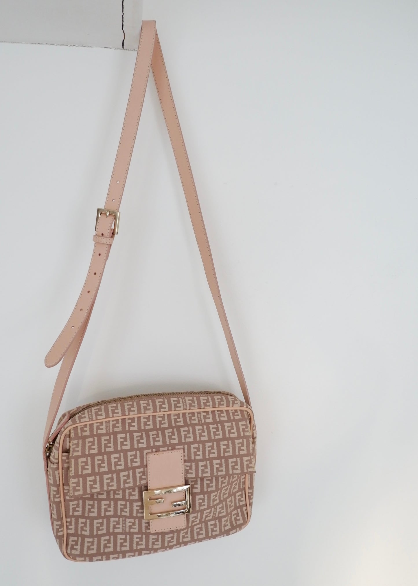 Authentic Preowned Fendi Pink Zucchino Canvas/ Leather Crossbody Bag