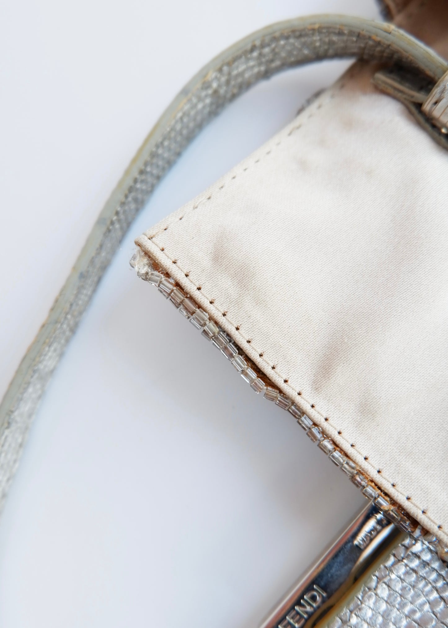 Authentic Preowned Vintage Fendi Silver FF Zucchino Beaded Small Baguette Shoulder Bag