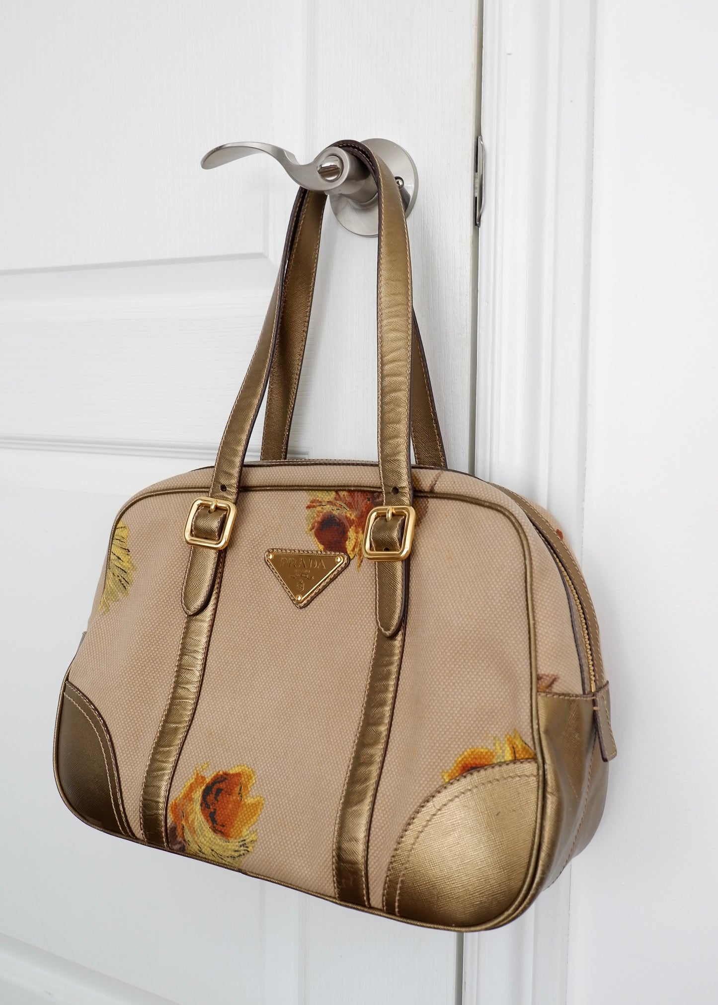 Authentic Preowned Prada Beige/ Gold St. Rose Bauletto Bag