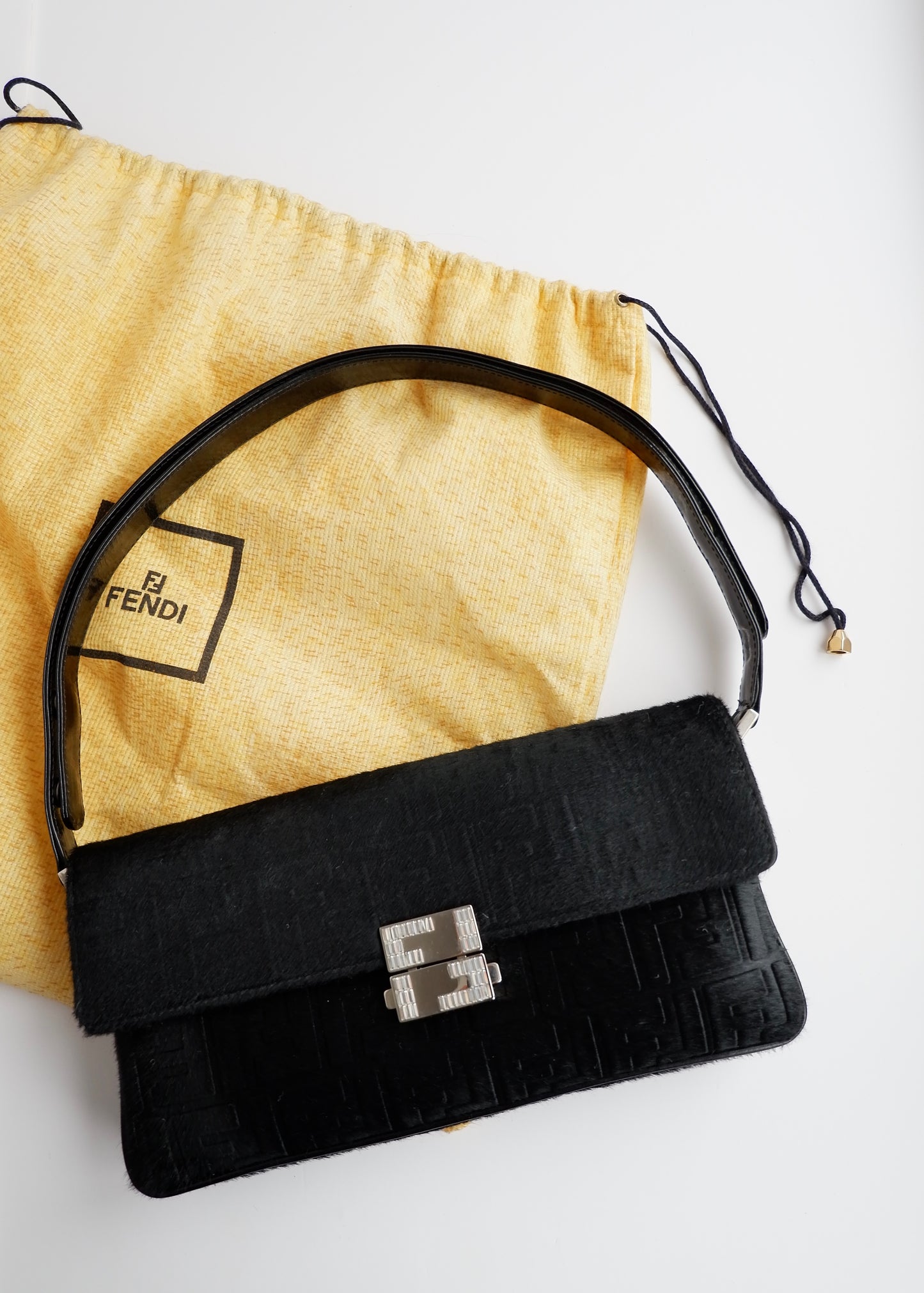 Authentic Preowned Rare Vintage Fendi Black Zucca Pony Hair/ Crystal Logo Shoulder Bag