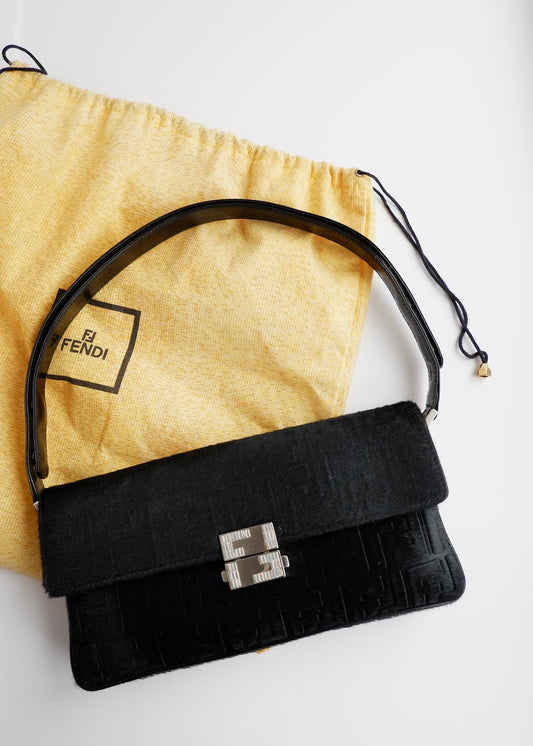Authentic Preowned Rare Vintage Fendi Black Zucca Pony Hair/ Crystal Logo Shoulder Bag