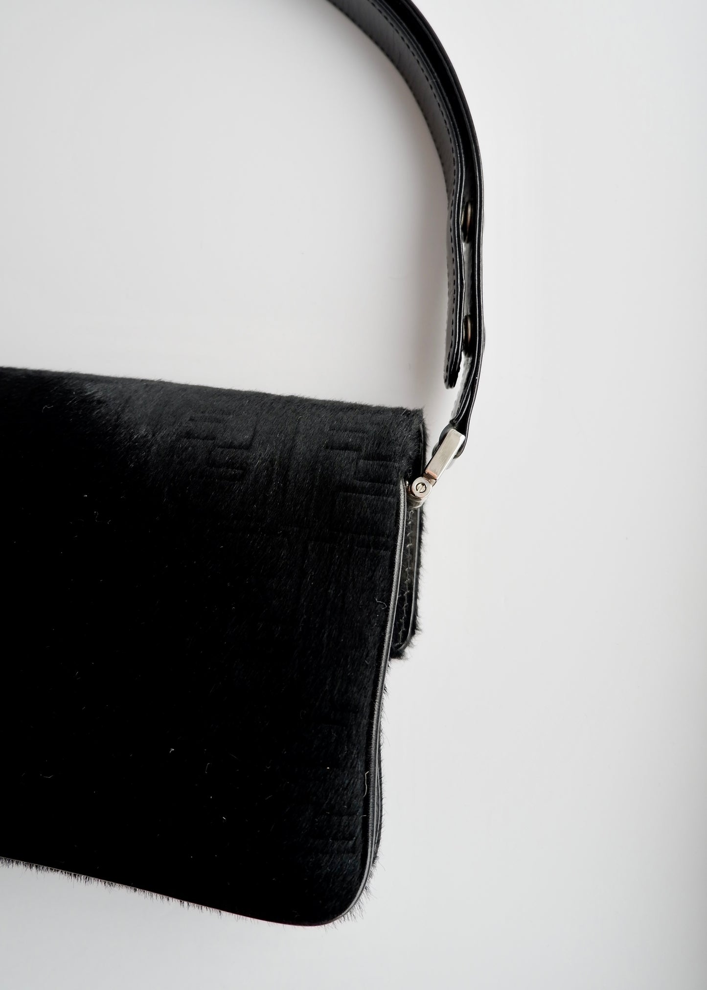 Authentic Preowned Rare Vintage Fendi Black Zucca Pony Hair/ Crystal Logo Shoulder Bag