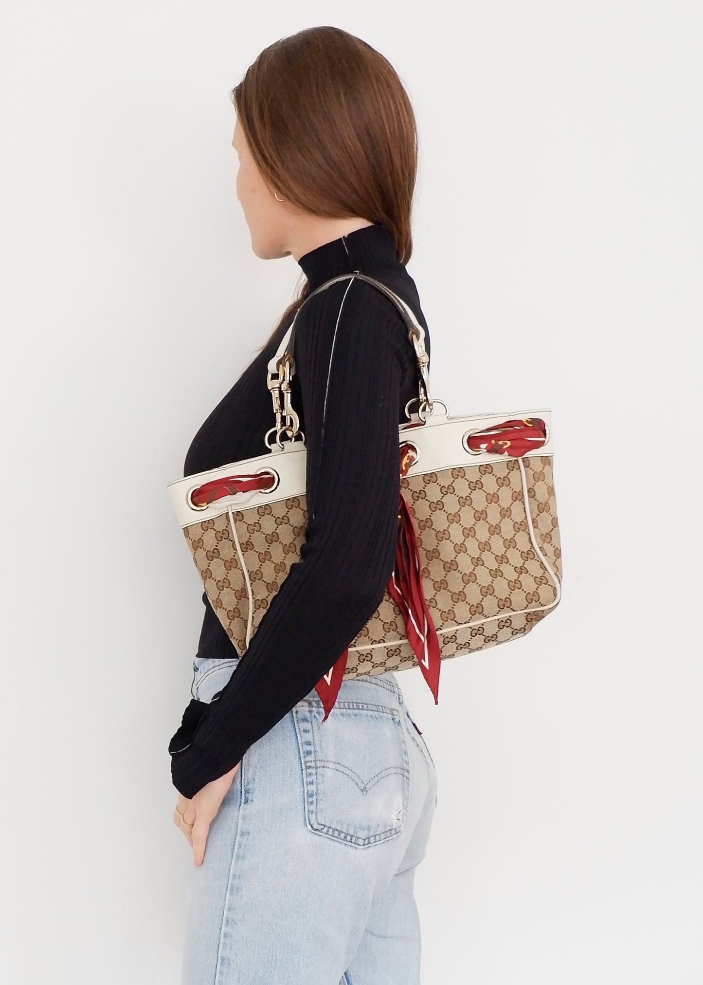 Authentic Preowned Gucci White GG Canvas/ Scarf Detail Handbag