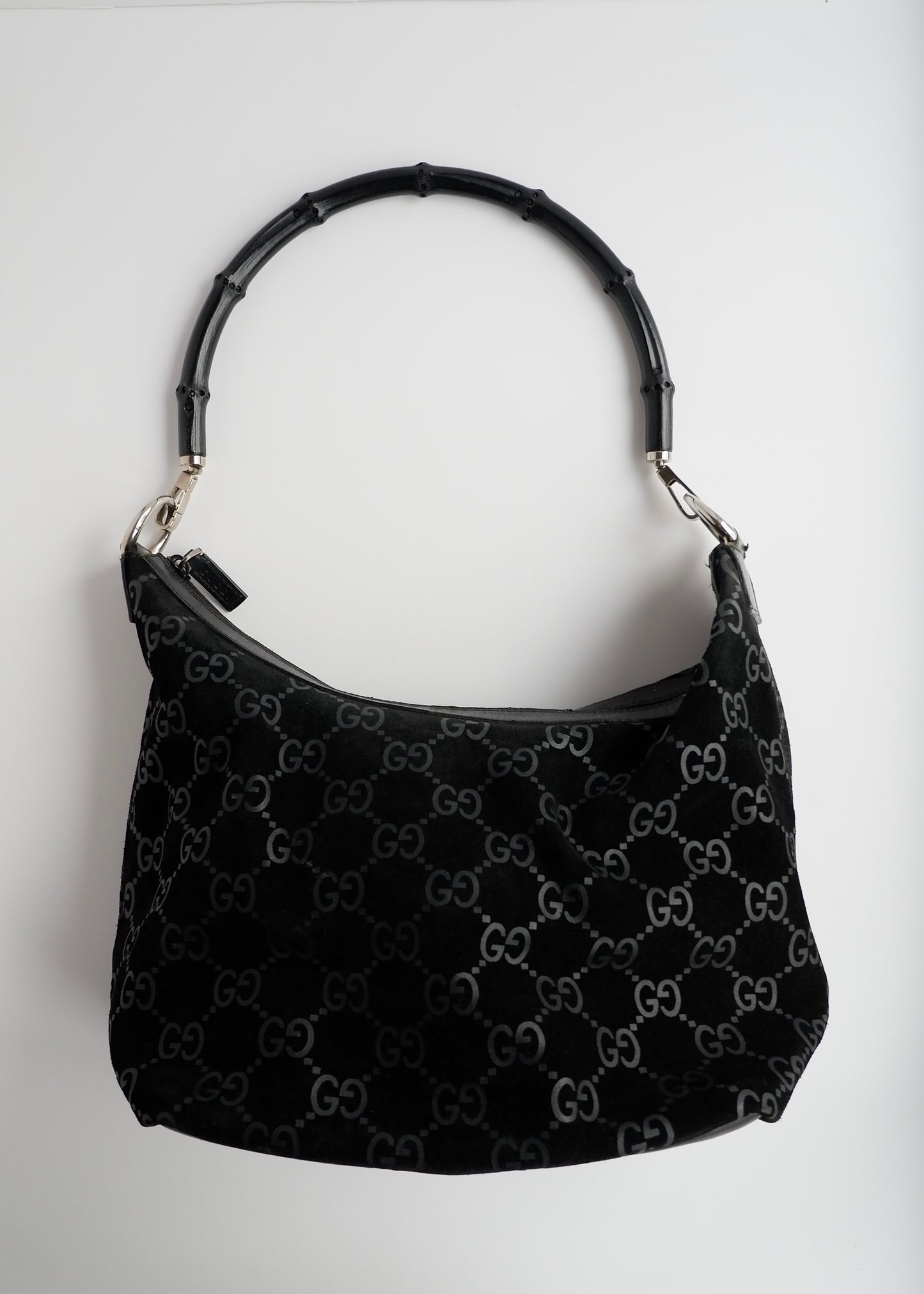Authentic Preowned Gucci Black Suede Bamboo Handle Shoulder Bag
