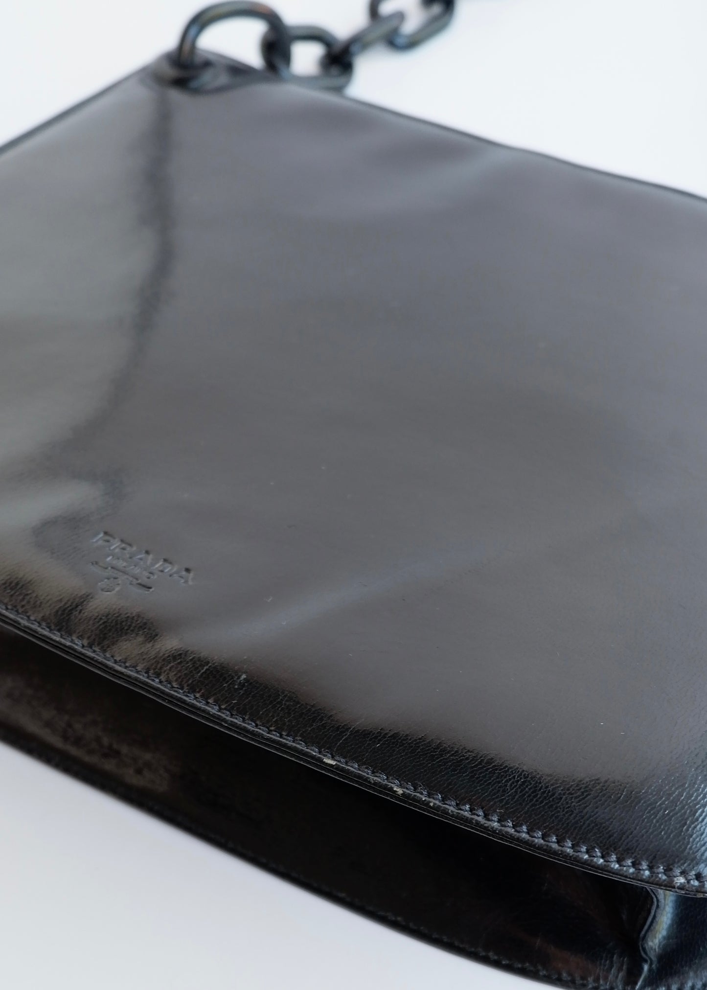 Authentic Preowned Vintage Prada Black Patent Leather Long Chain Shoulder Bag