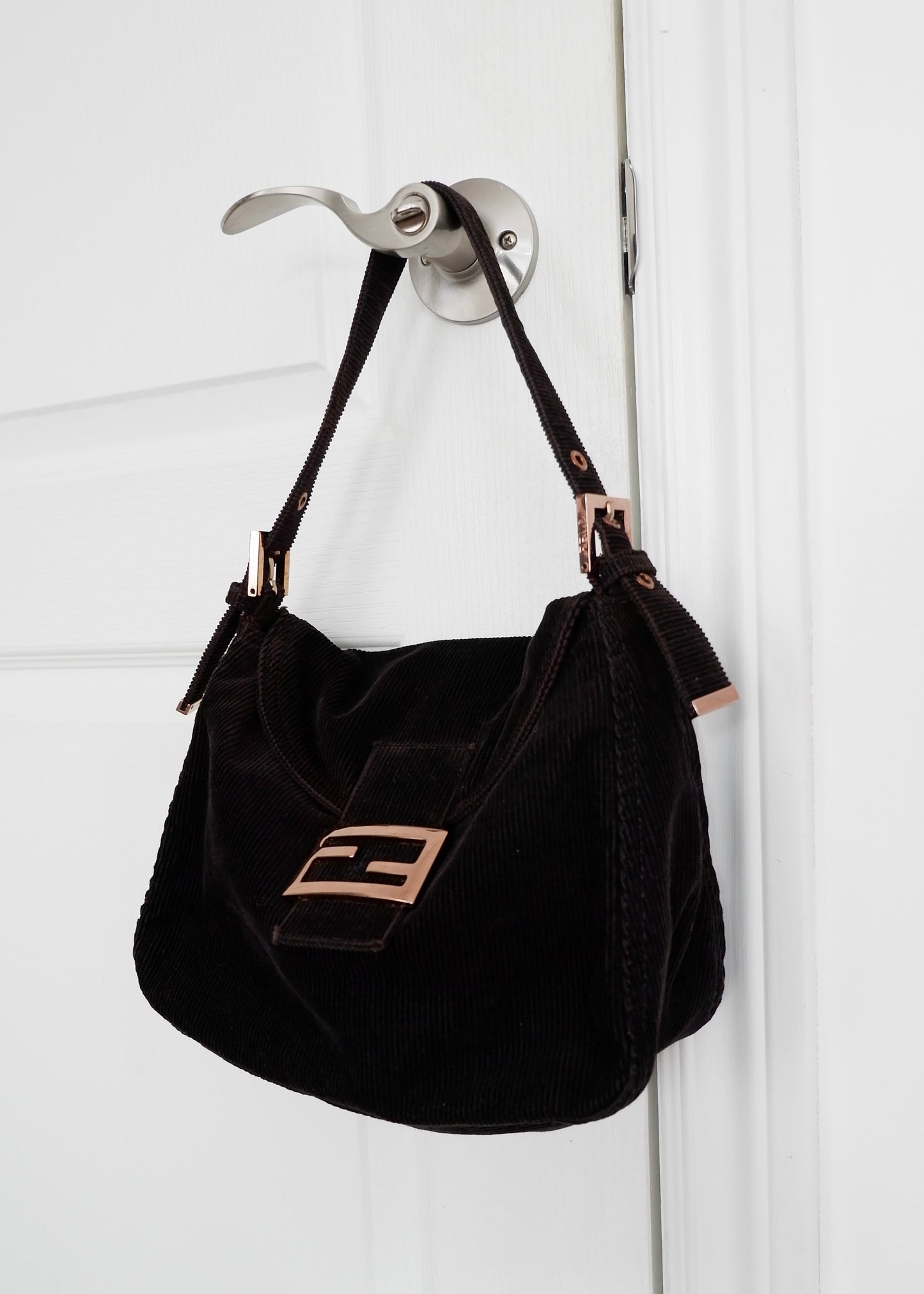 Authentic Preowned Fendi Black Corduroy Baguette Shoulder Bag