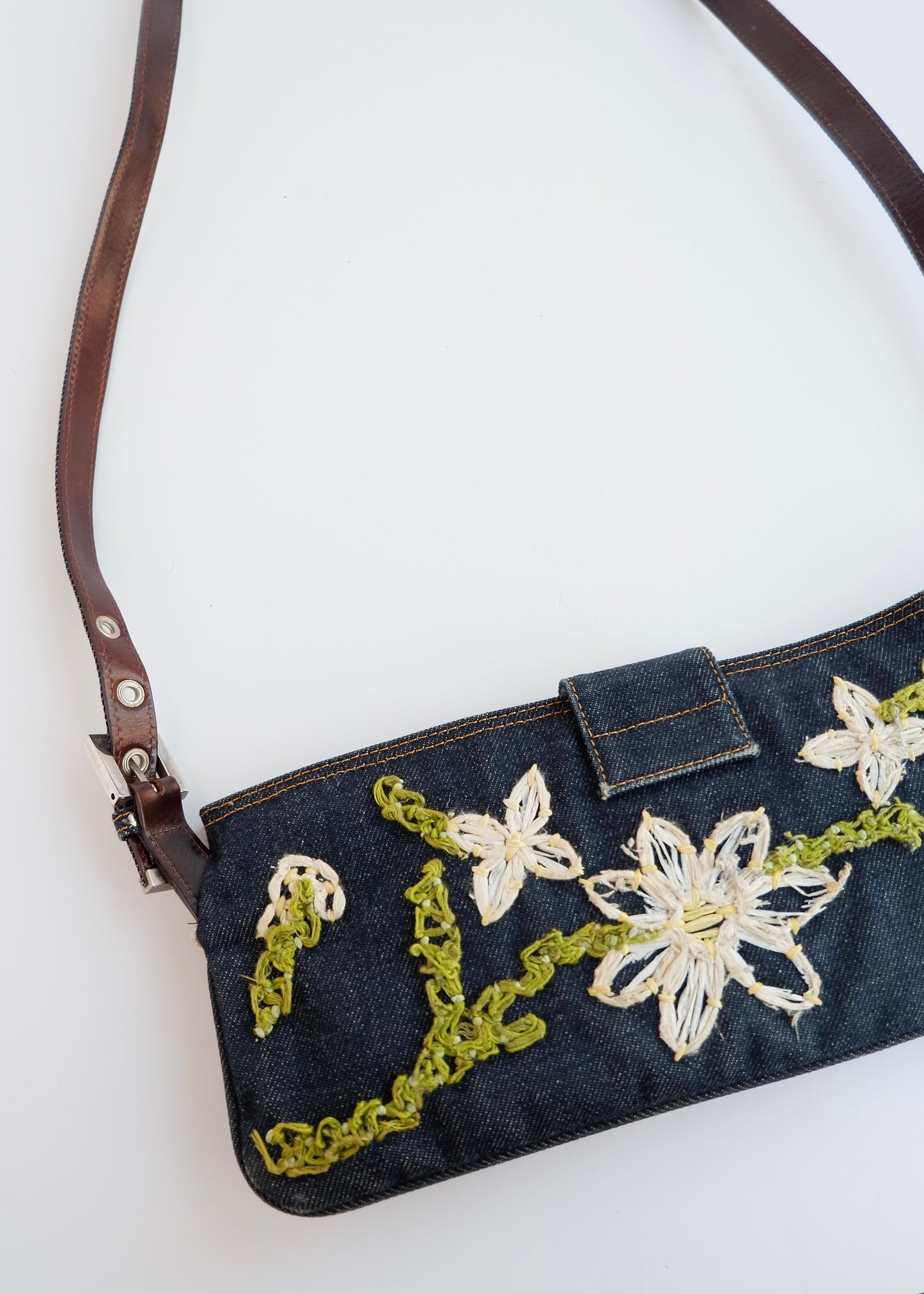 Authentic Preowned Fendi Mamma Denim Flower Emroidered Shoulder Bag