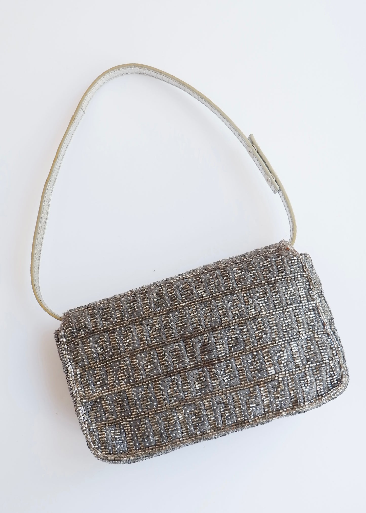 Authentic Preowned Vintage Fendi Silver FF Zucchino Beaded Small Baguette Shoulder Bag