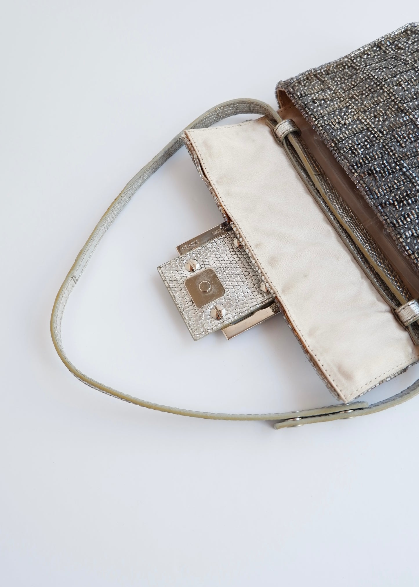 Authentic Preowned Vintage Fendi Silver FF Zucchino Beaded Small Baguette Shoulder Bag
