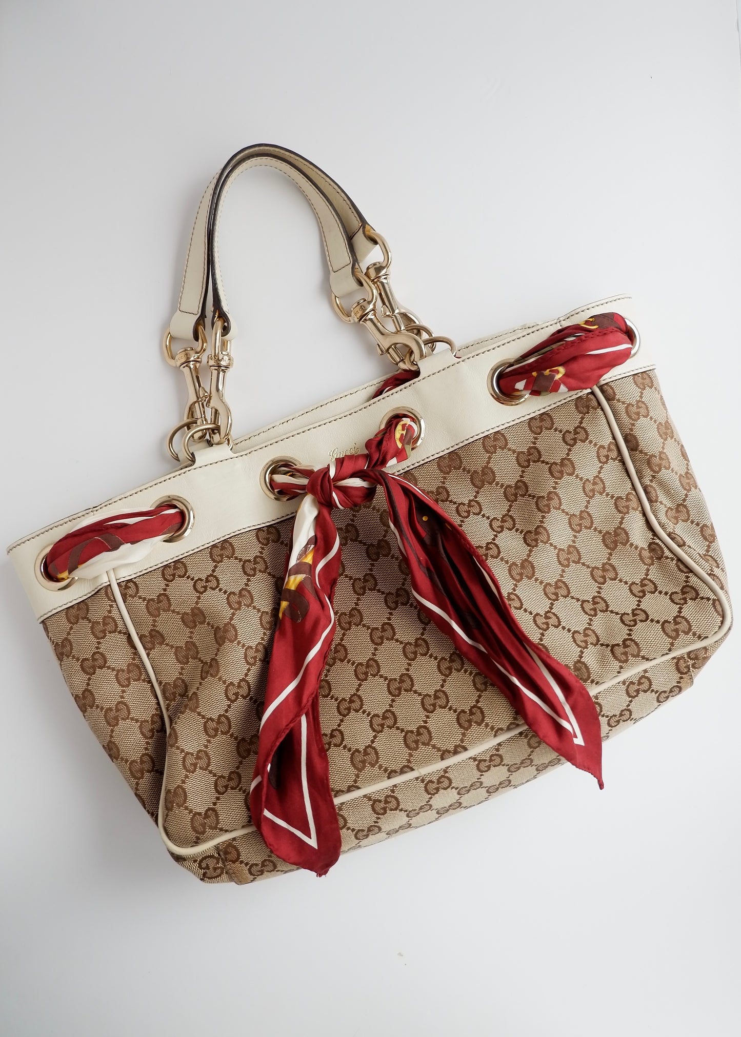 Authentic Preowned Gucci White GG Canvas/ Scarf Detail Handbag