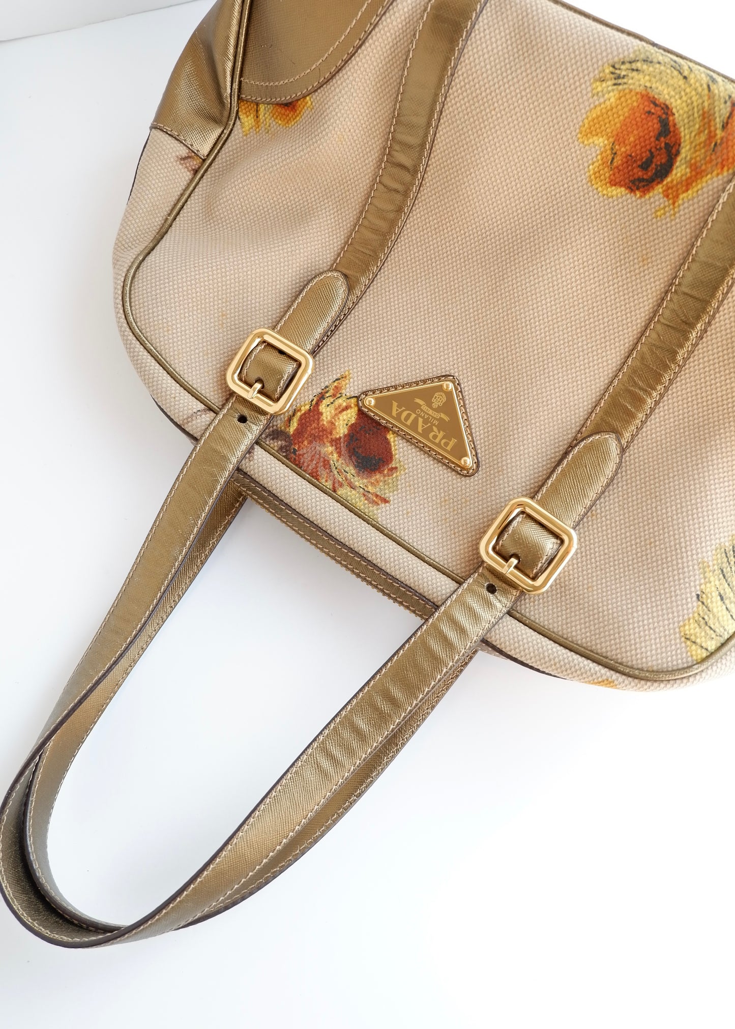 Authentic Preowned Prada Beige/ Gold St. Rose Bauletto Bag