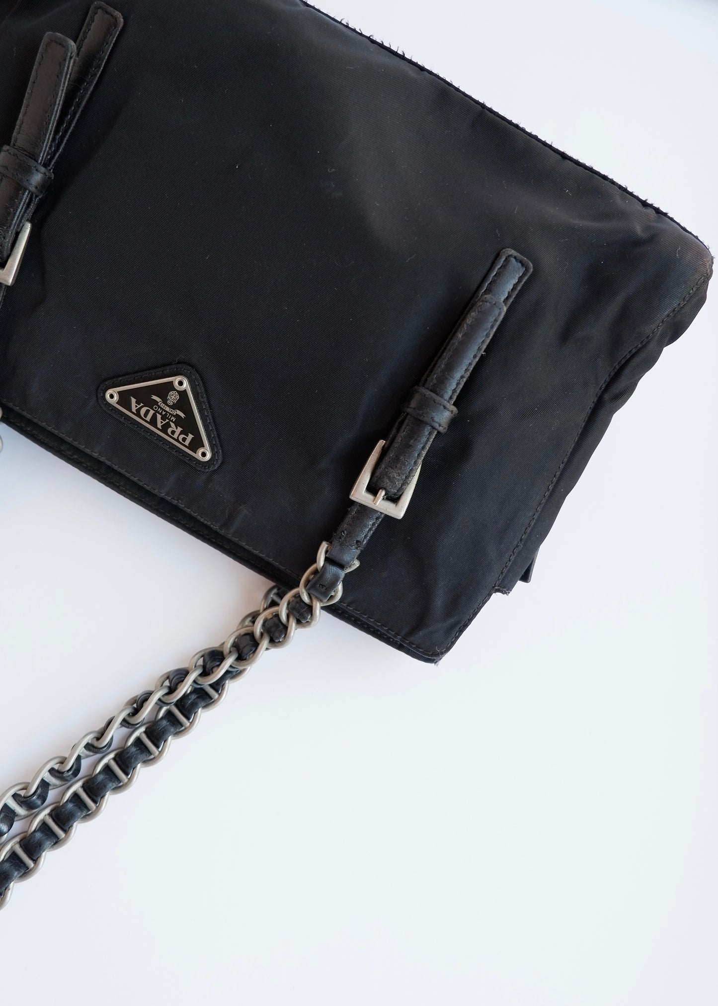 Authentic Preowned Prada Black Nylon/ Leather Metal Chain Shoulder Bag