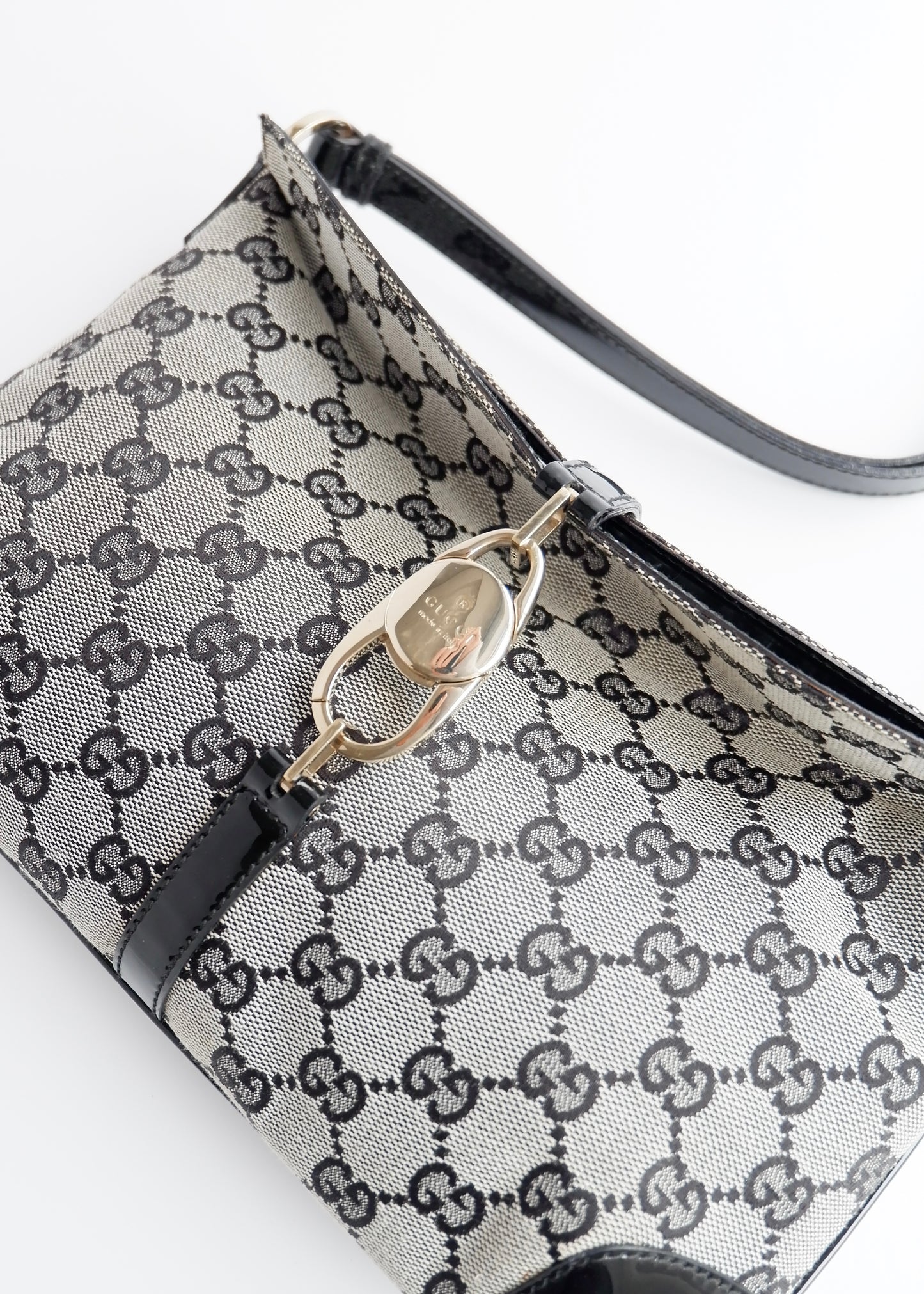 Authentic Preowned Gucci Black GG Canvas/ Patent Leather Shoulder Bag