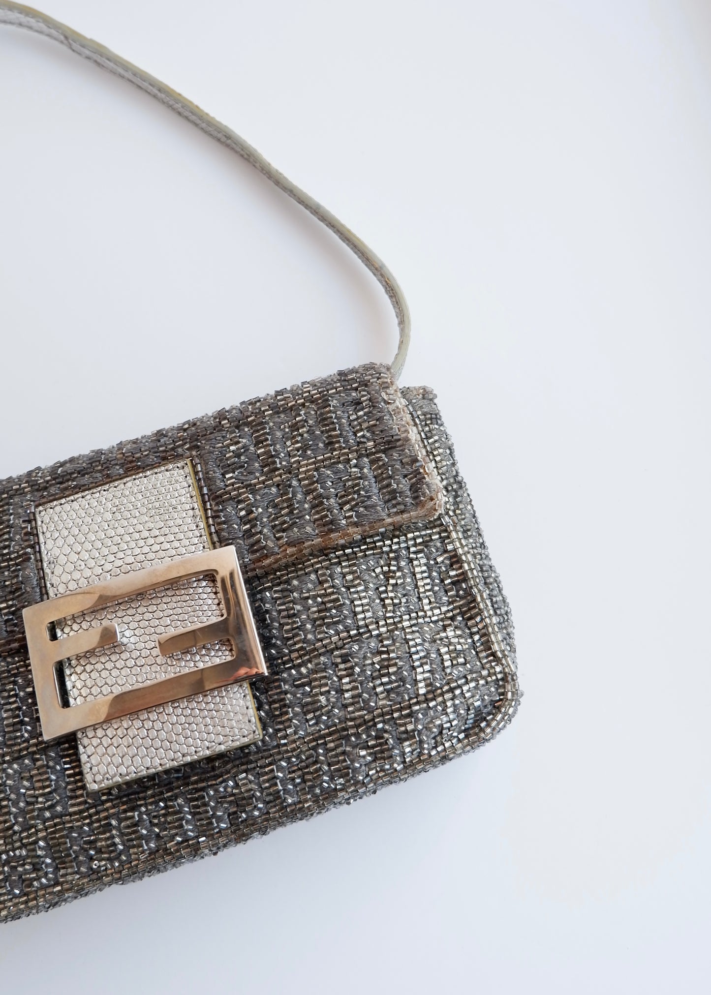Authentic Preowned Vintage Fendi Silver FF Zucchino Beaded Small Baguette Shoulder Bag