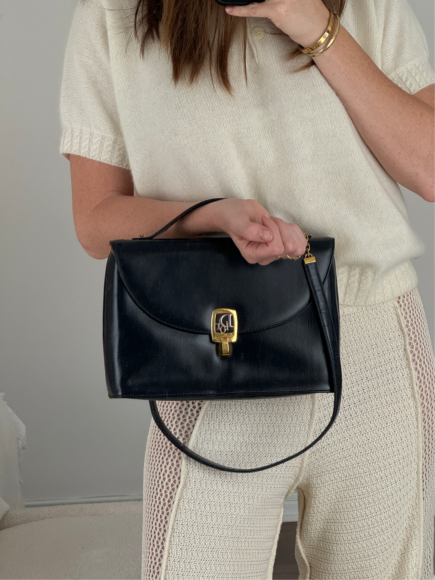 Authentic Preowned Vintage Dior Navy Leather Handbag with Crossbody Strap