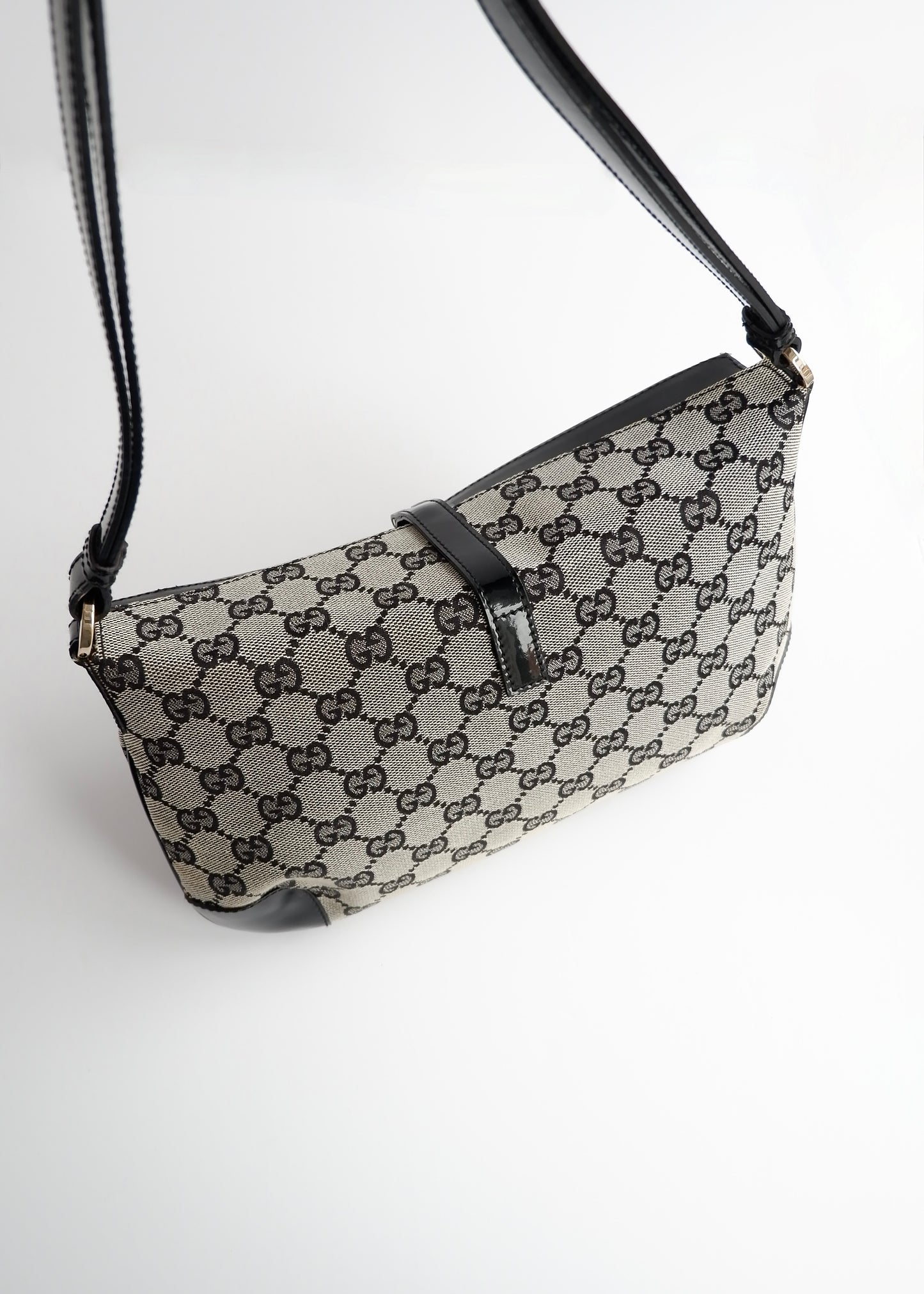 Authentic Preowned Gucci Black GG Canvas/ Patent Leather Shoulder Bag