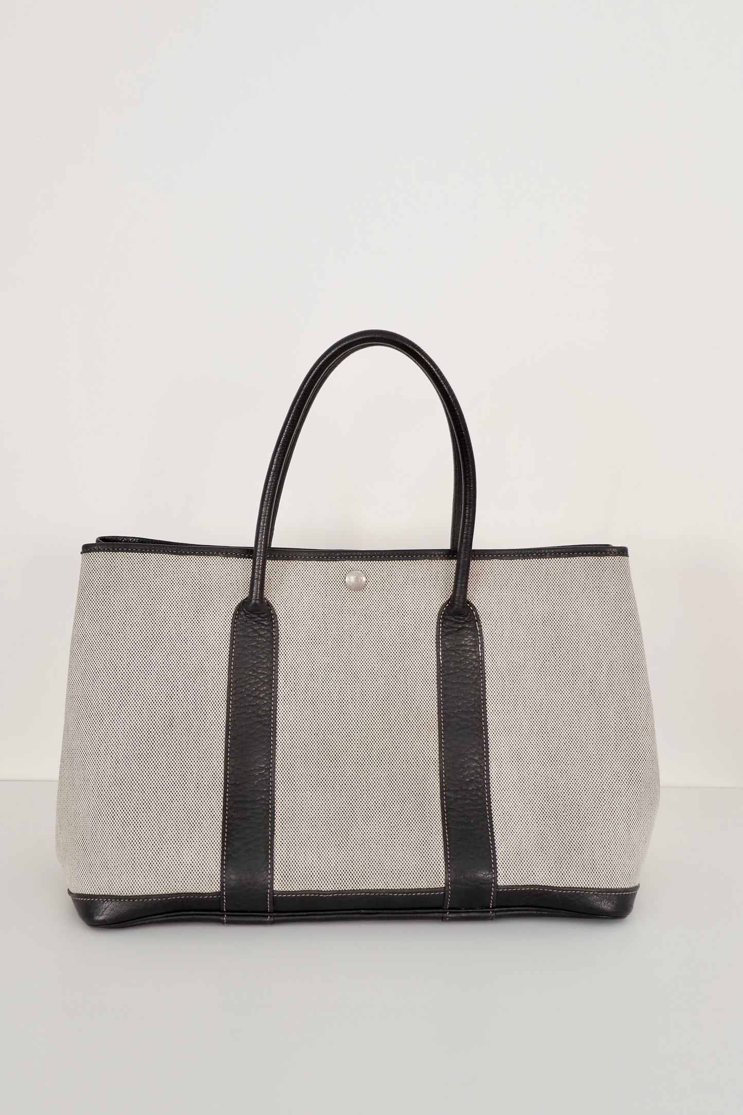 Authentic Preowned Hermes Black/Gray Leather/Canvas Garden Party Tote